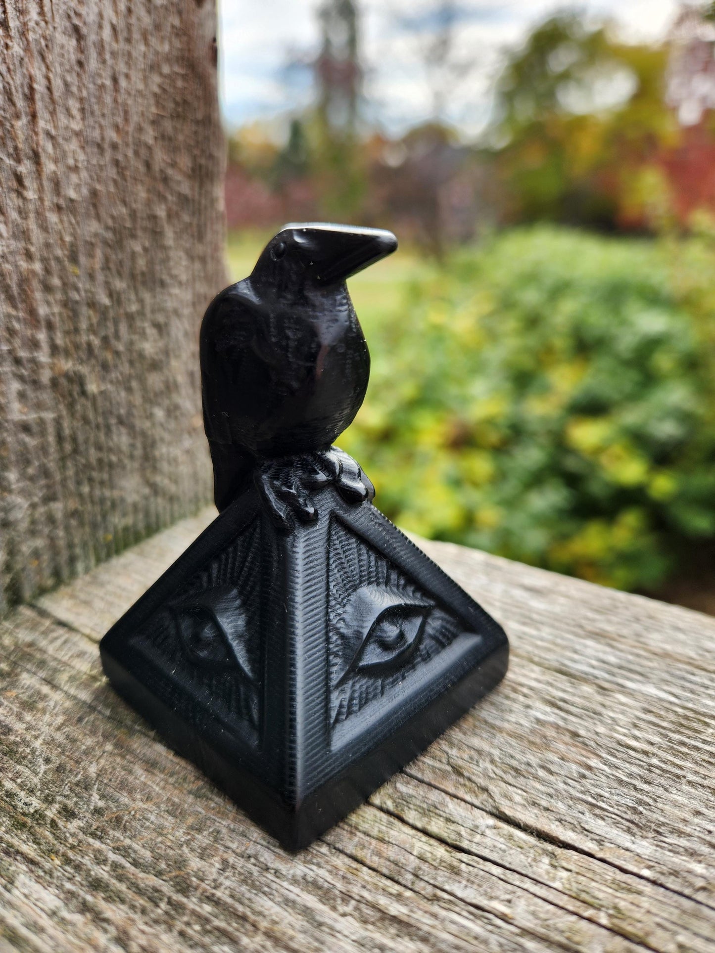 Carved Black Obsidian Raven on a 3rd Eye Pyramid: Natural Crystal, Crow