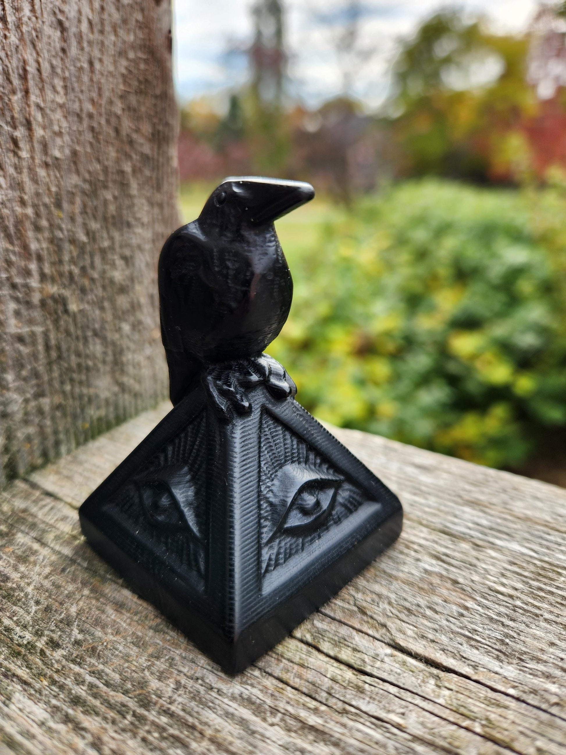 Carved Black Obsidian Raven on a 3rd Eye Pyramid: Natural Crystal, Crow