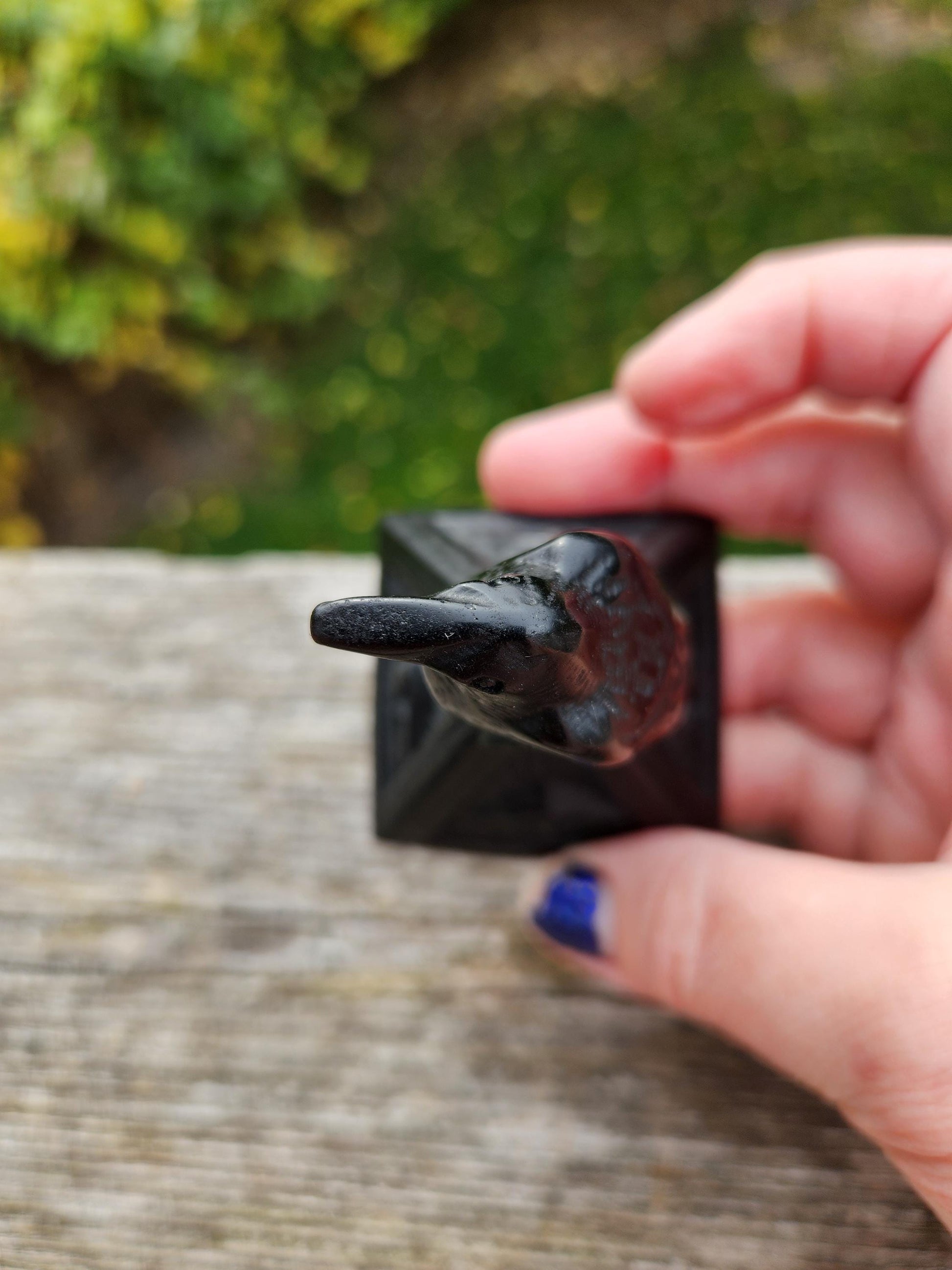 Carved Black Obsidian Raven on a 3rd Eye Pyramid: Natural Crystal, Crow