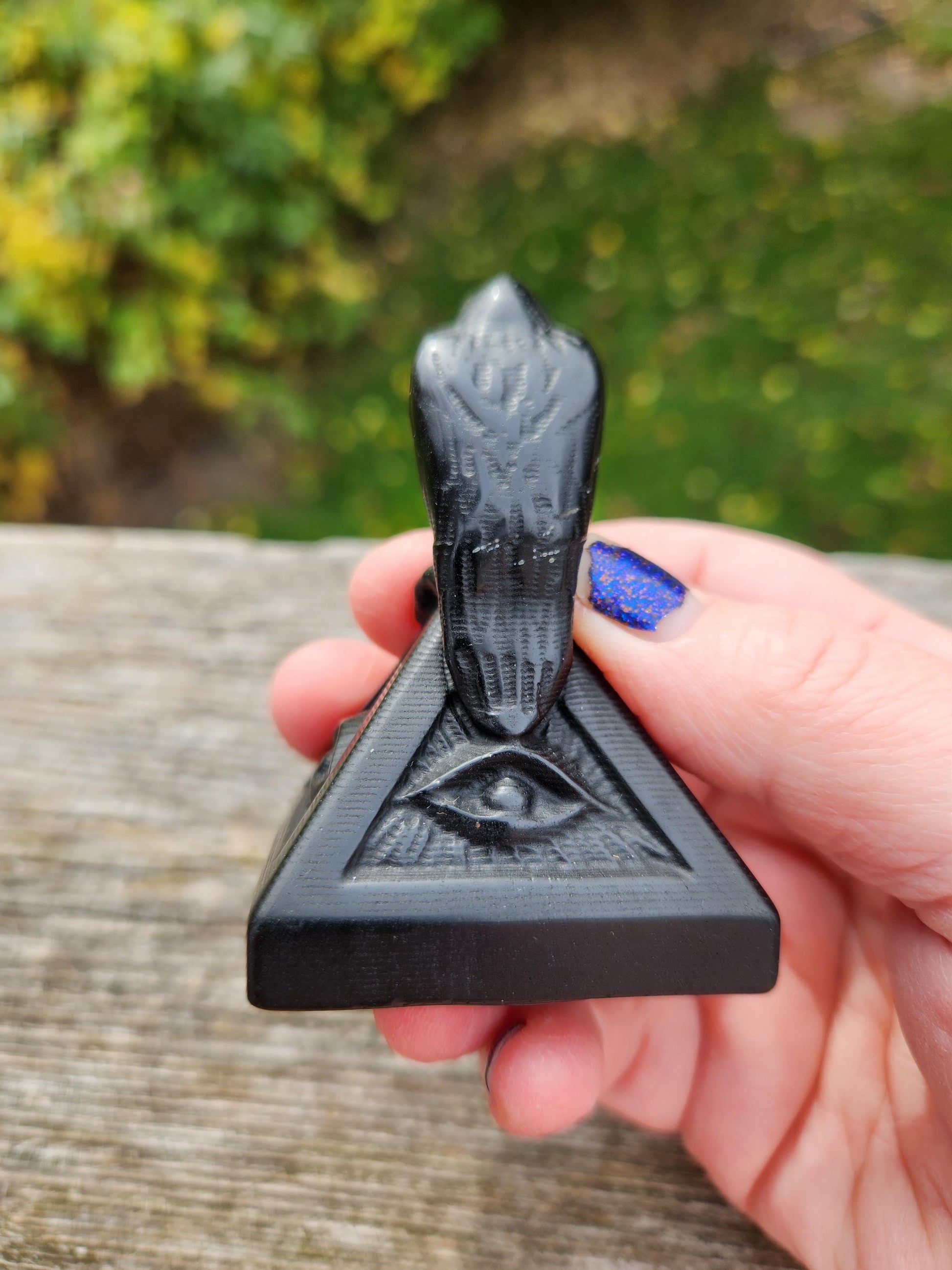 Carved Black Obsidian Raven on a 3rd Eye Pyramid: Natural Crystal, Crow