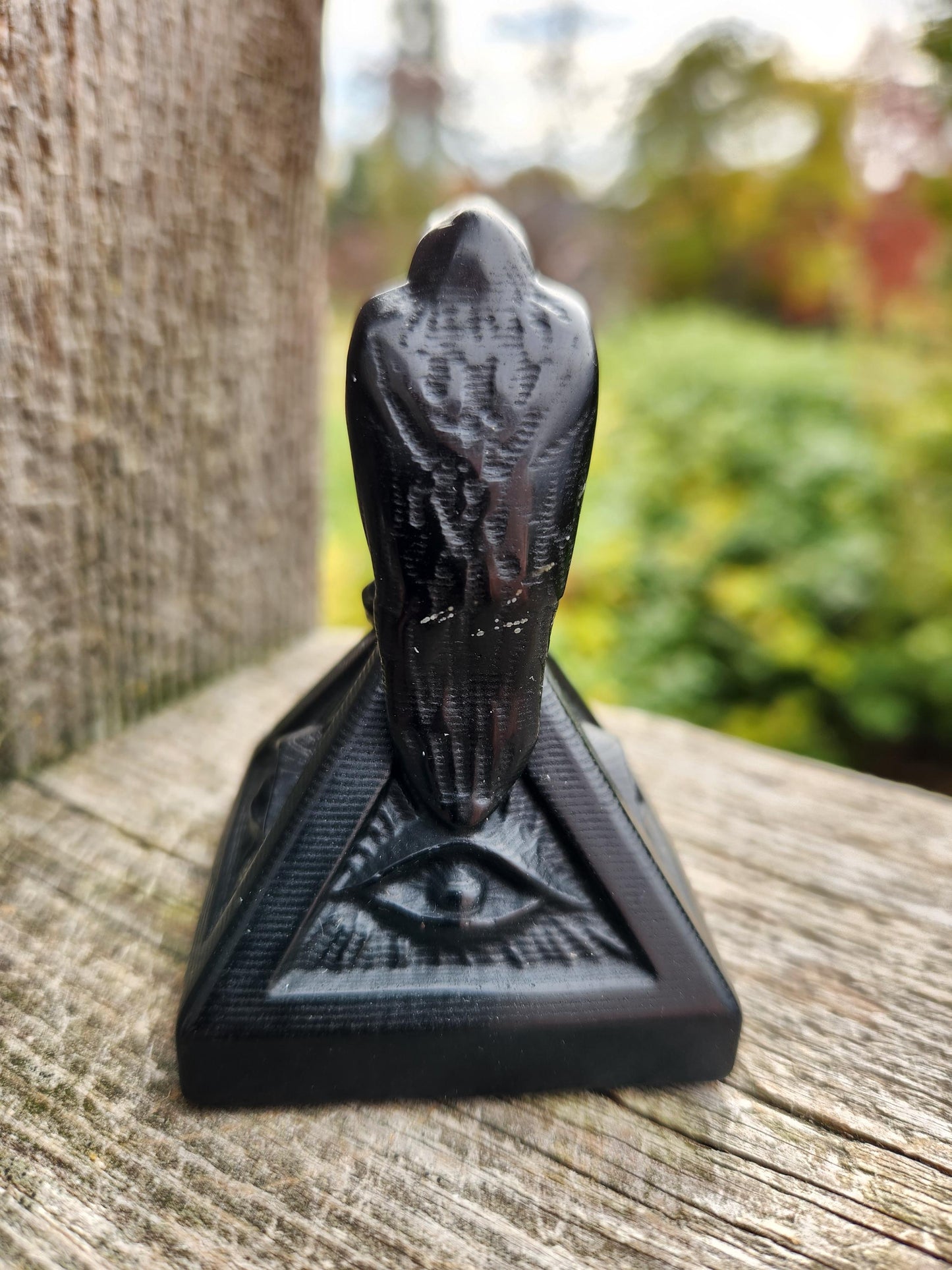 Carved Black Obsidian Raven on a 3rd Eye Pyramid: Natural Crystal, Crow