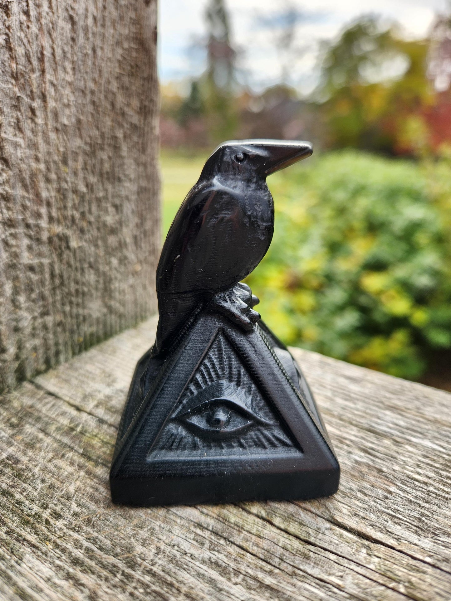 Carved Black Obsidian Raven on a 3rd Eye Pyramid: Natural Crystal, Crow