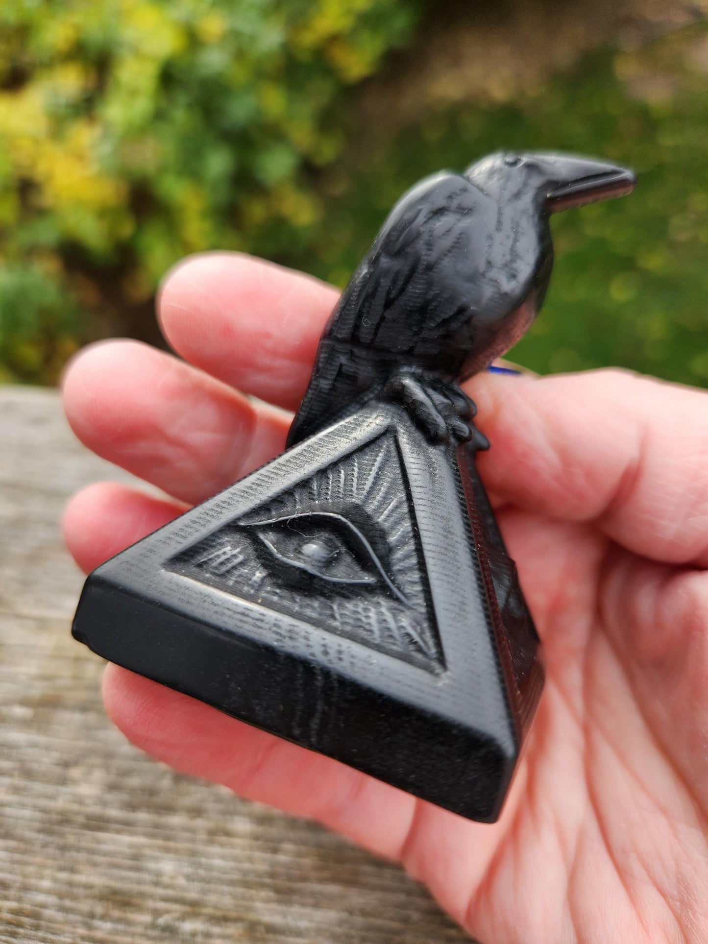 Carved Black Obsidian Raven on a 3rd Eye Pyramid: Natural Crystal, Crow