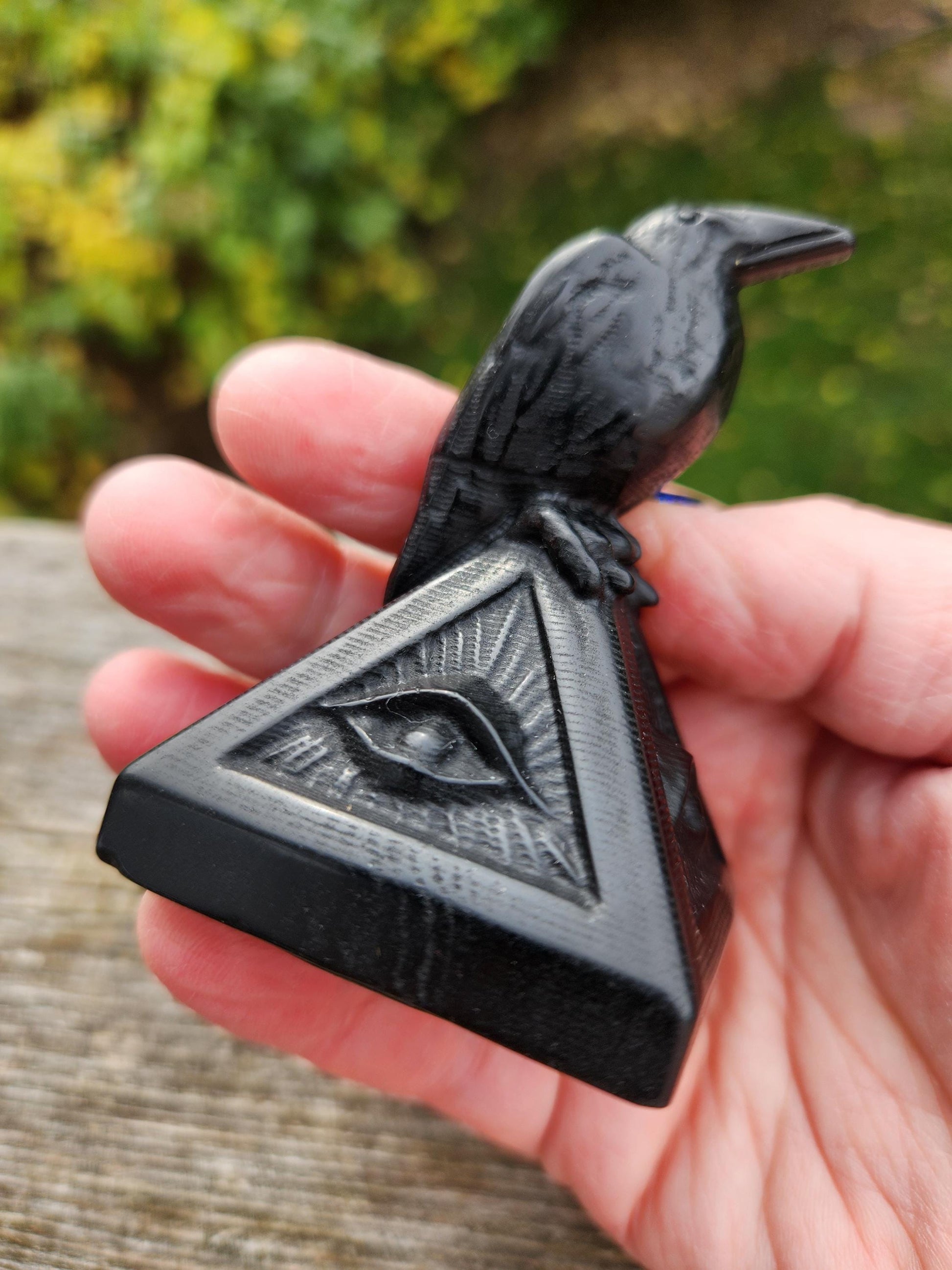 Carved Black Obsidian Raven on a 3rd Eye Pyramid: Natural Crystal, Crow
