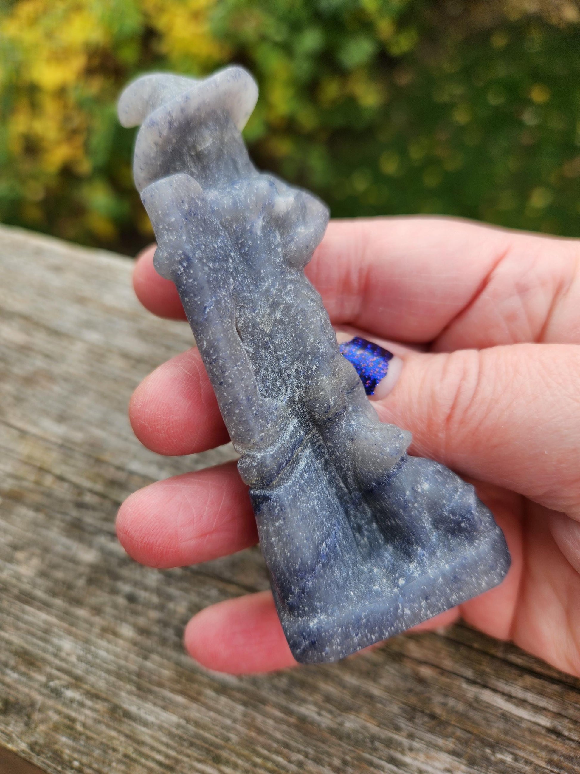Blue Aventurine Crystal Witch with Cat & Broom Carving