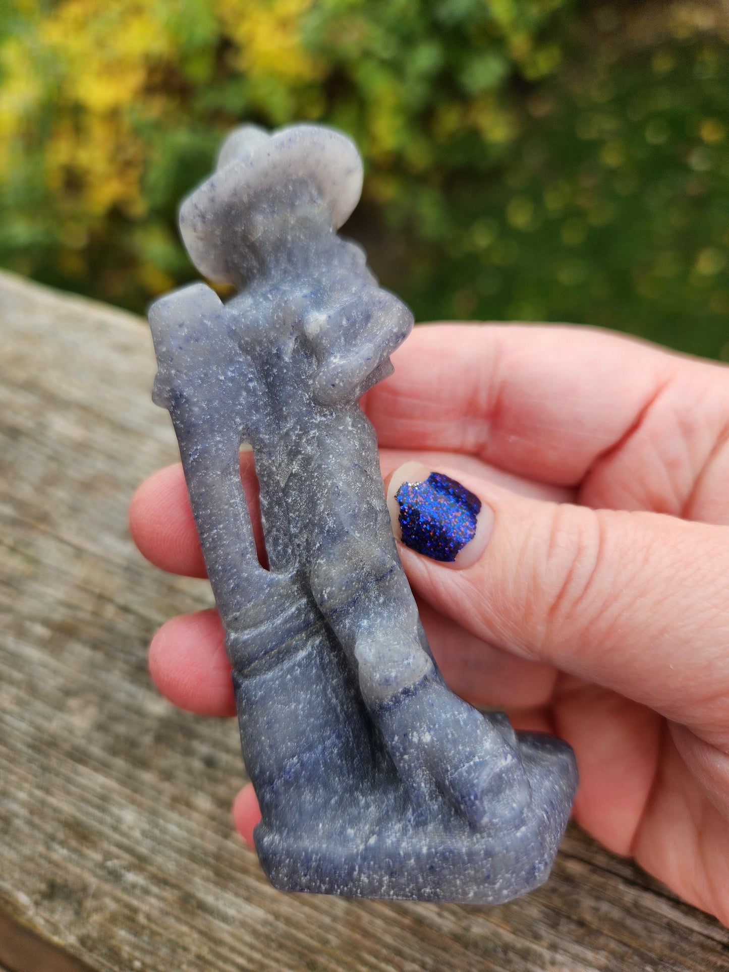 Blue Aventurine Crystal Witch with Cat & Broom Carving