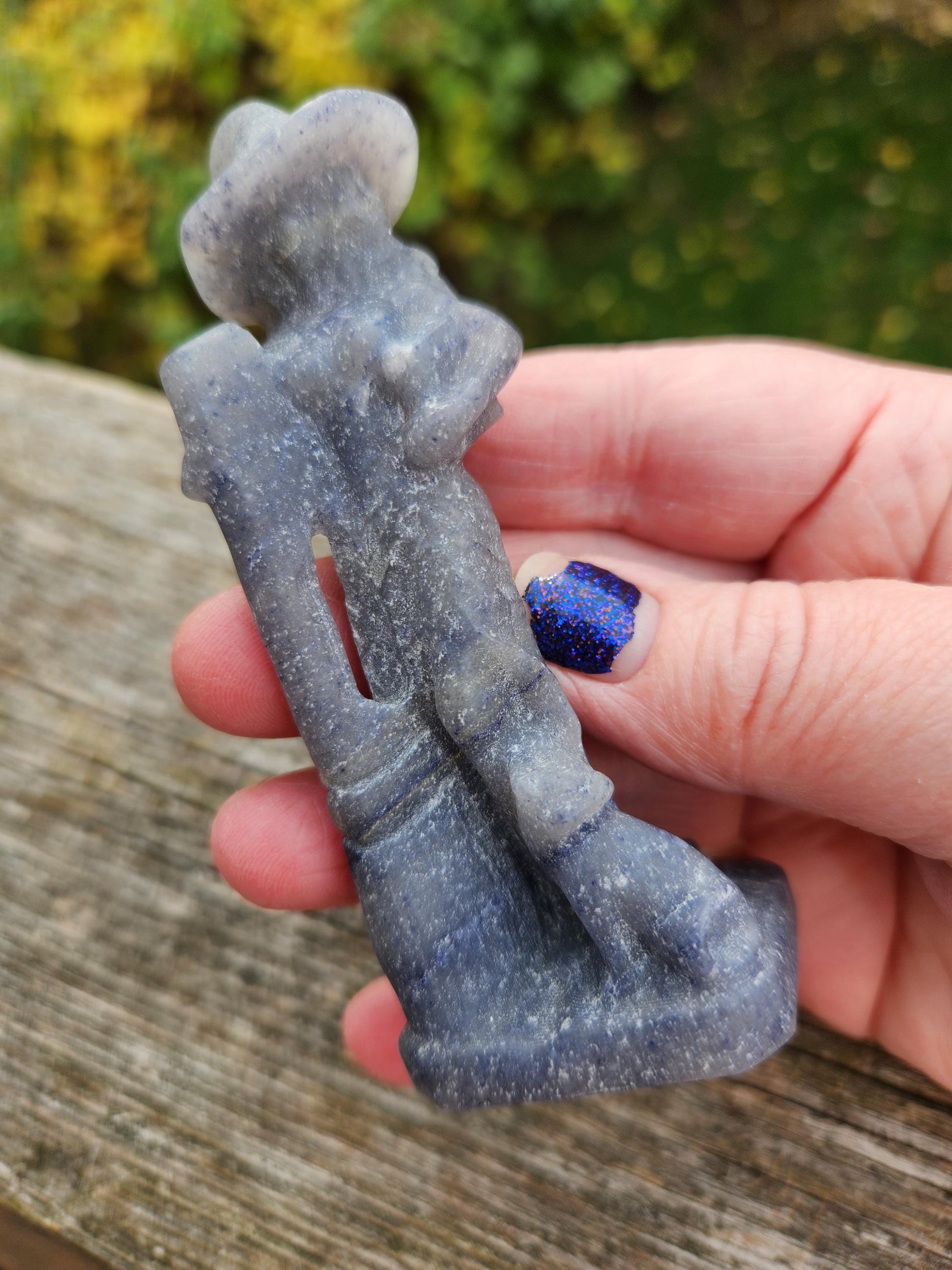 Blue Aventurine Crystal Witch with Cat & Broom Carving