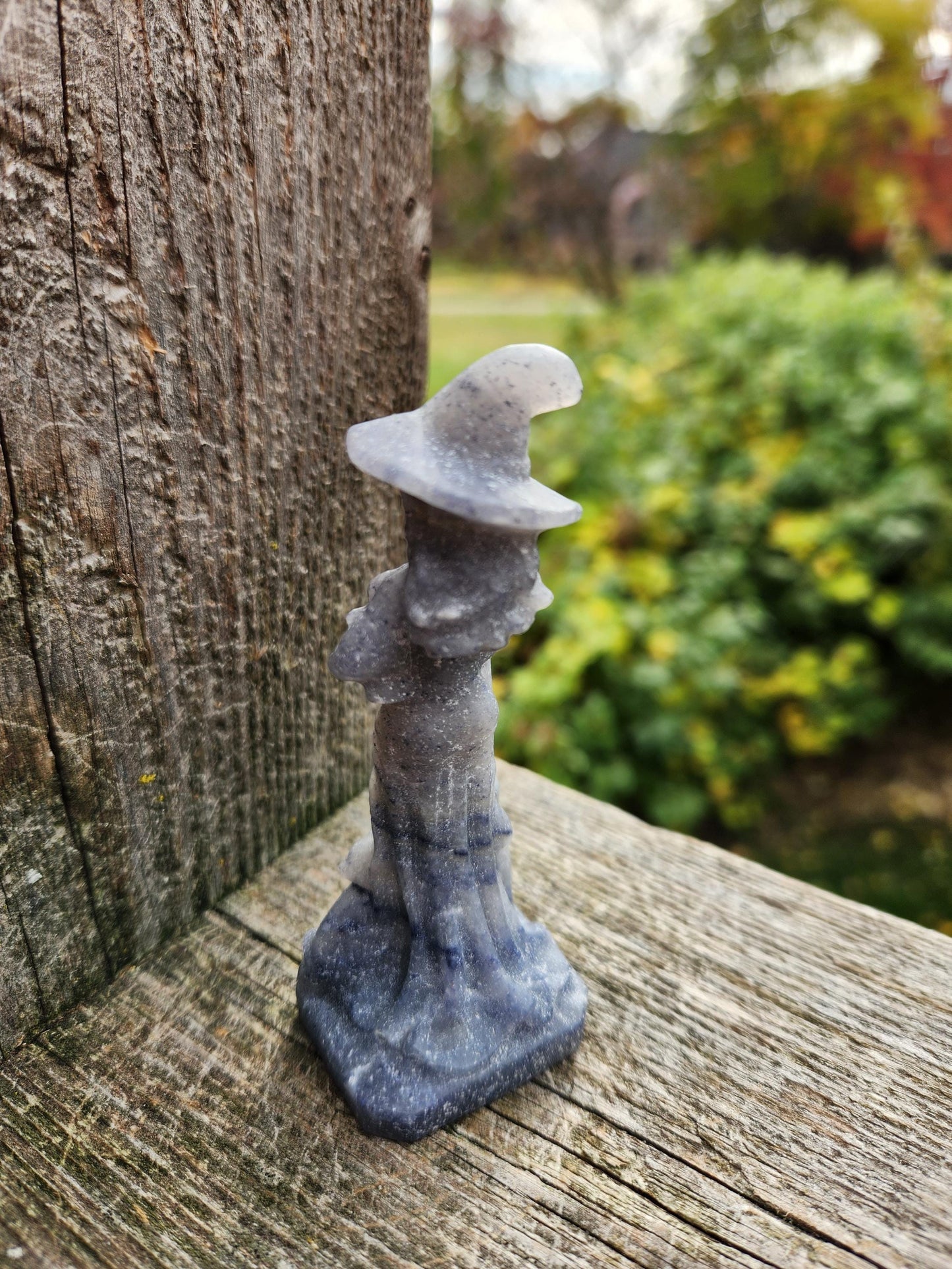 Blue Aventurine Crystal Witch with Cat & Broom Carving