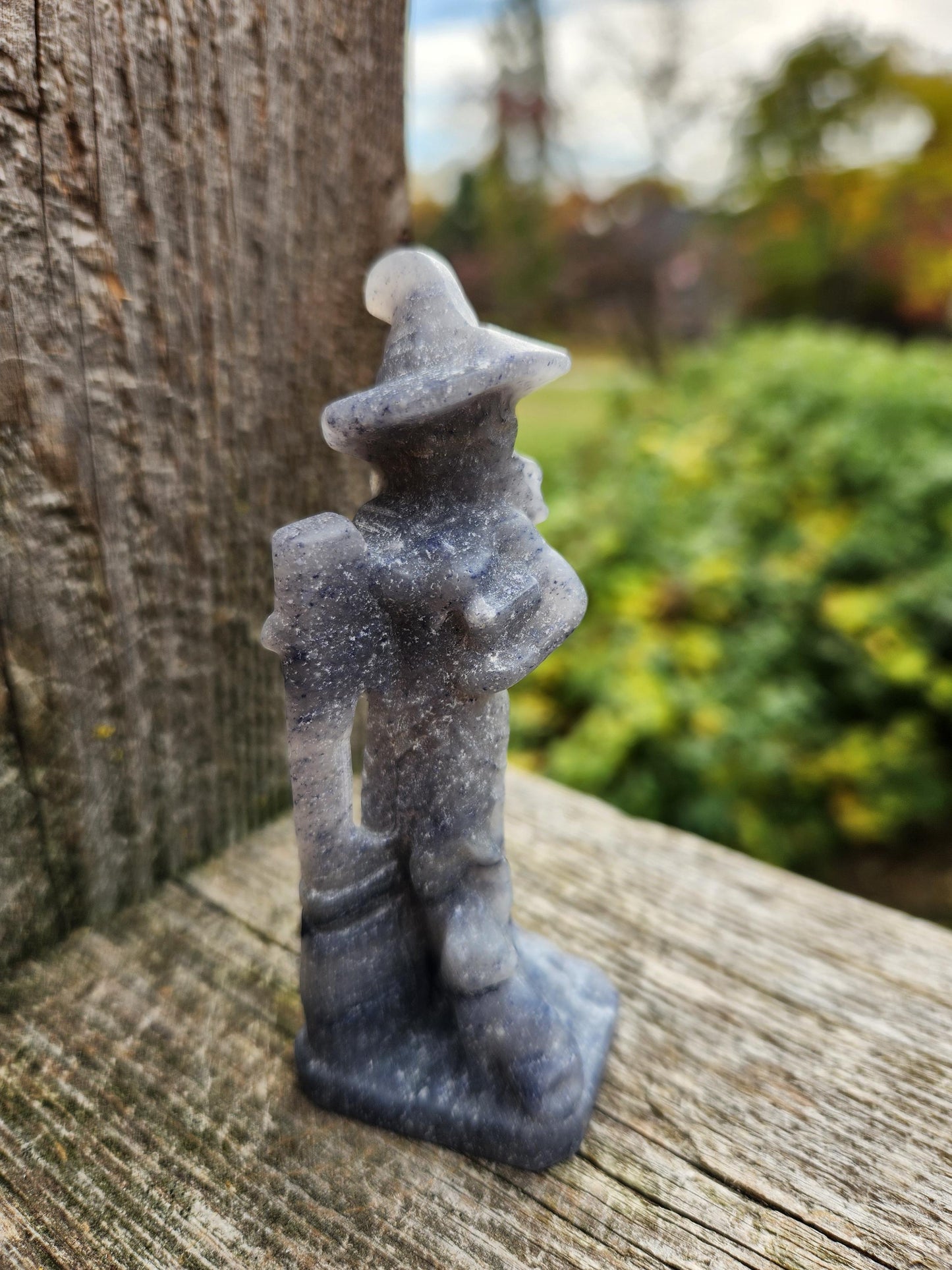 Blue Aventurine Crystal Witch with Cat & Broom Carving