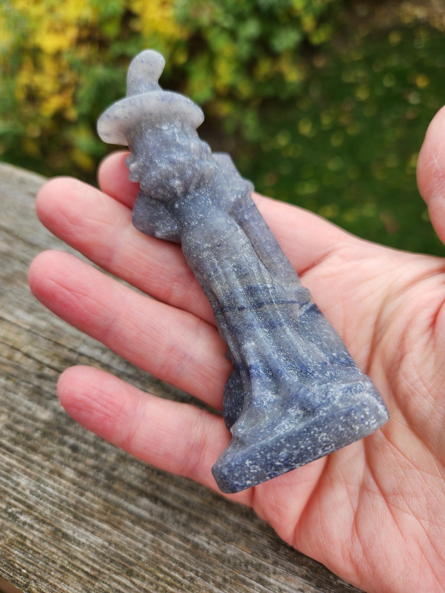 Blue Aventurine Crystal Witch with Cat & Broom Carving