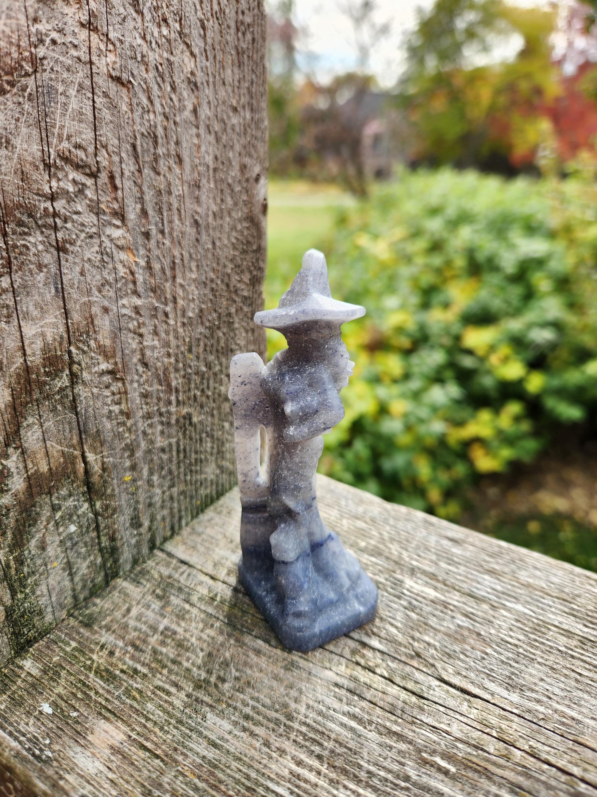 Blue Aventurine Crystal Witch with Cat & Broom Carving