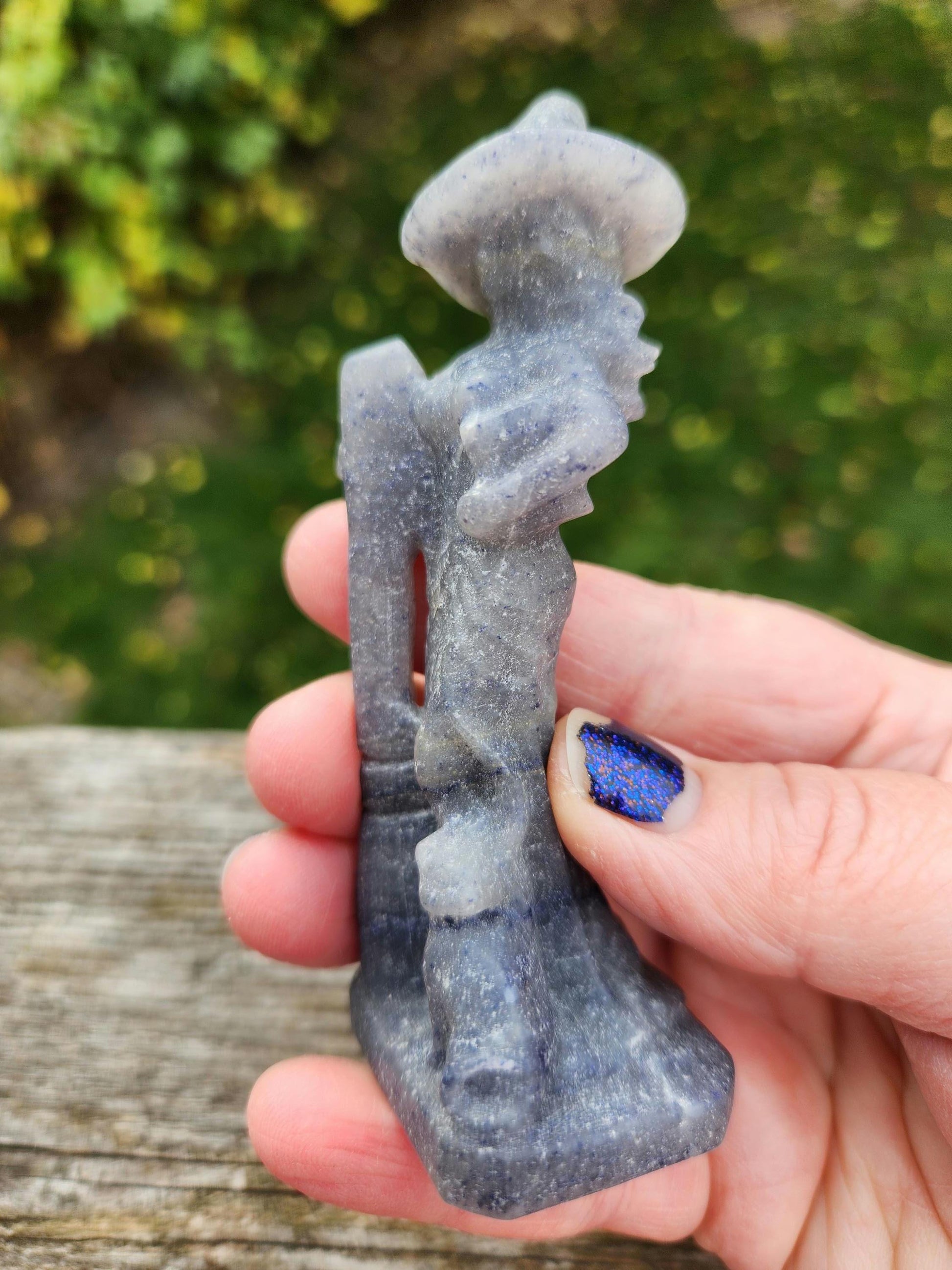 Blue Aventurine Crystal Witch with Cat & Broom Carving