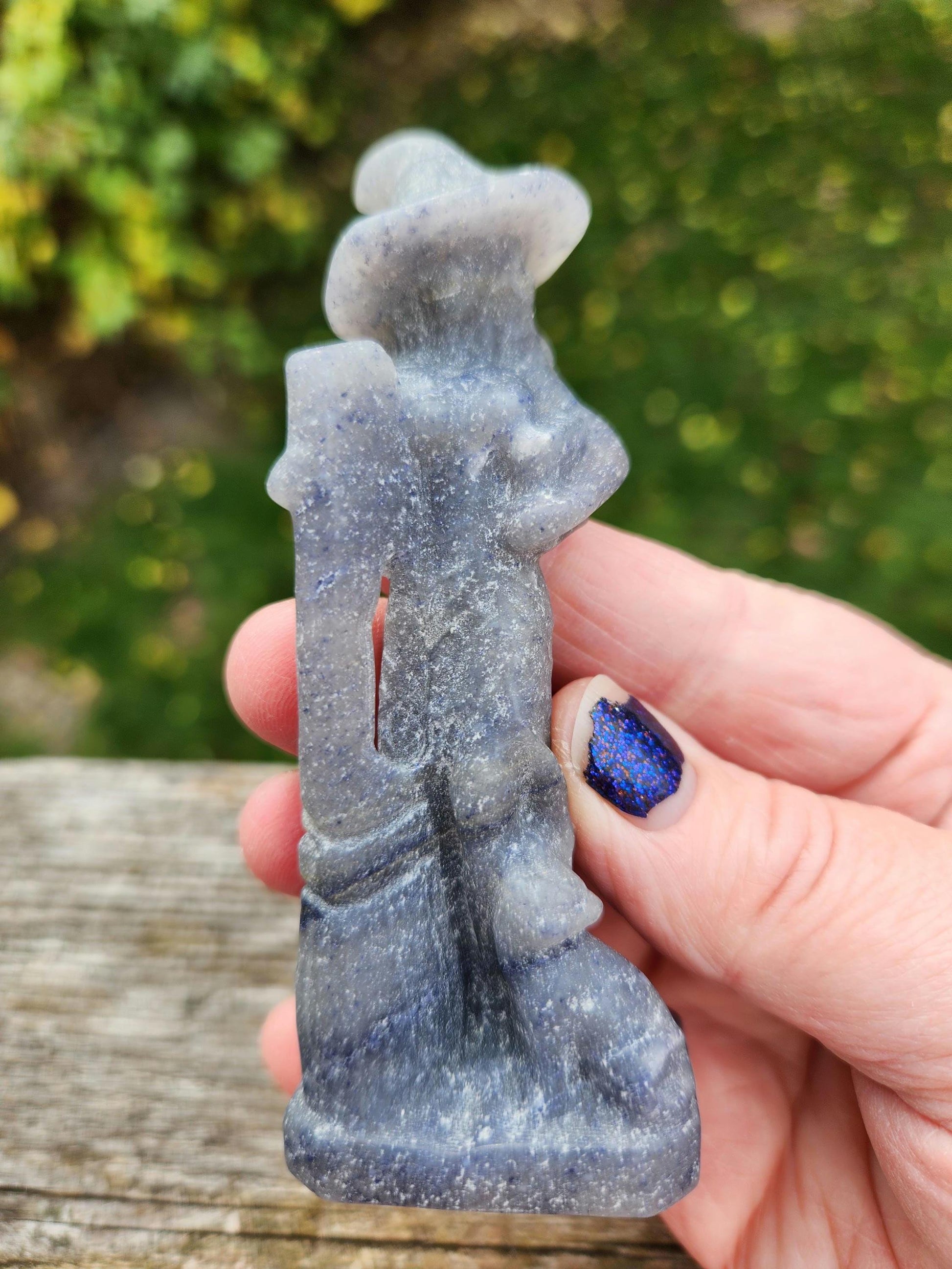 Blue Aventurine Crystal Witch with Cat & Broom Carving