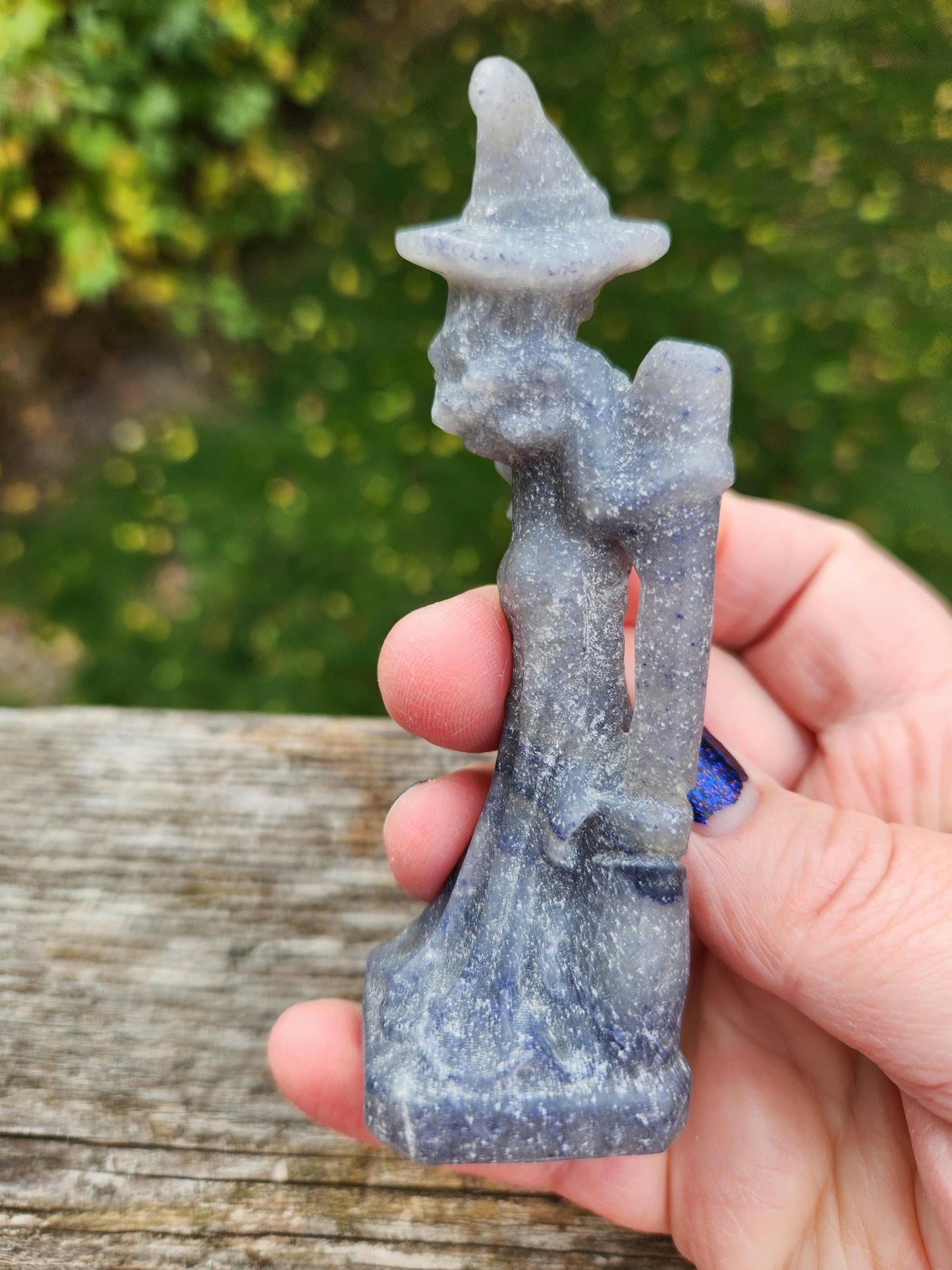 Blue Aventurine Crystal Witch with Cat & Broom Carving