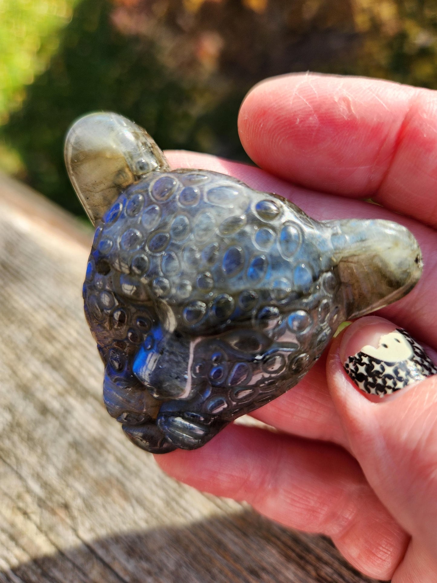 Very Unique Labradorite Leopard Head Carved Crystal with blue flash, Palm Sized