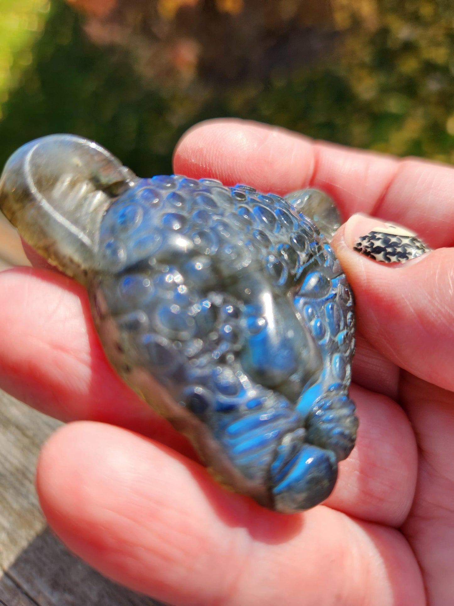 Very Unique Labradorite Leopard Head Carved Crystal with blue flash, Palm Sized