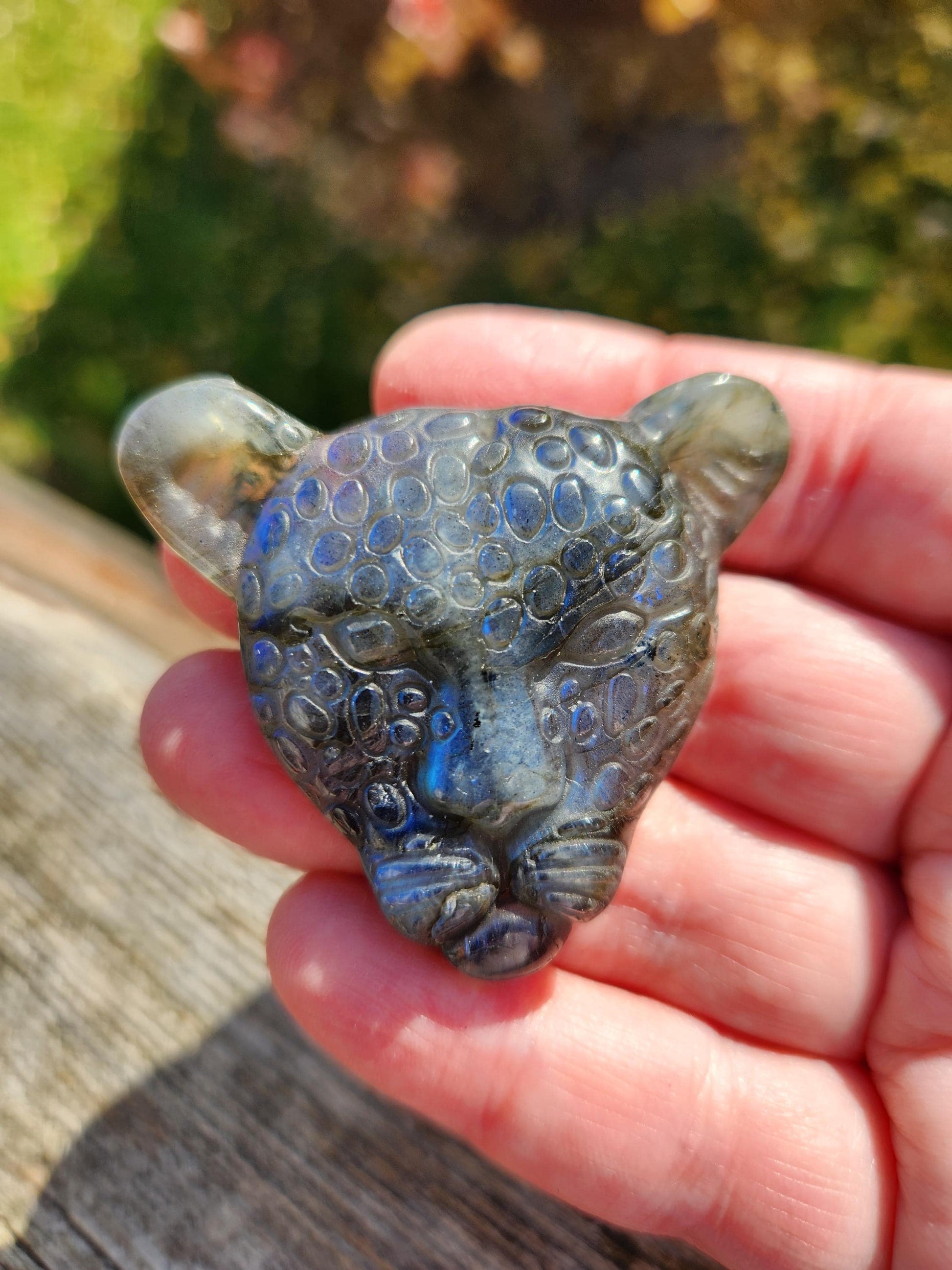 Very Unique Labradorite Leopard Head Carved Crystal with blue flash, Palm Sized
