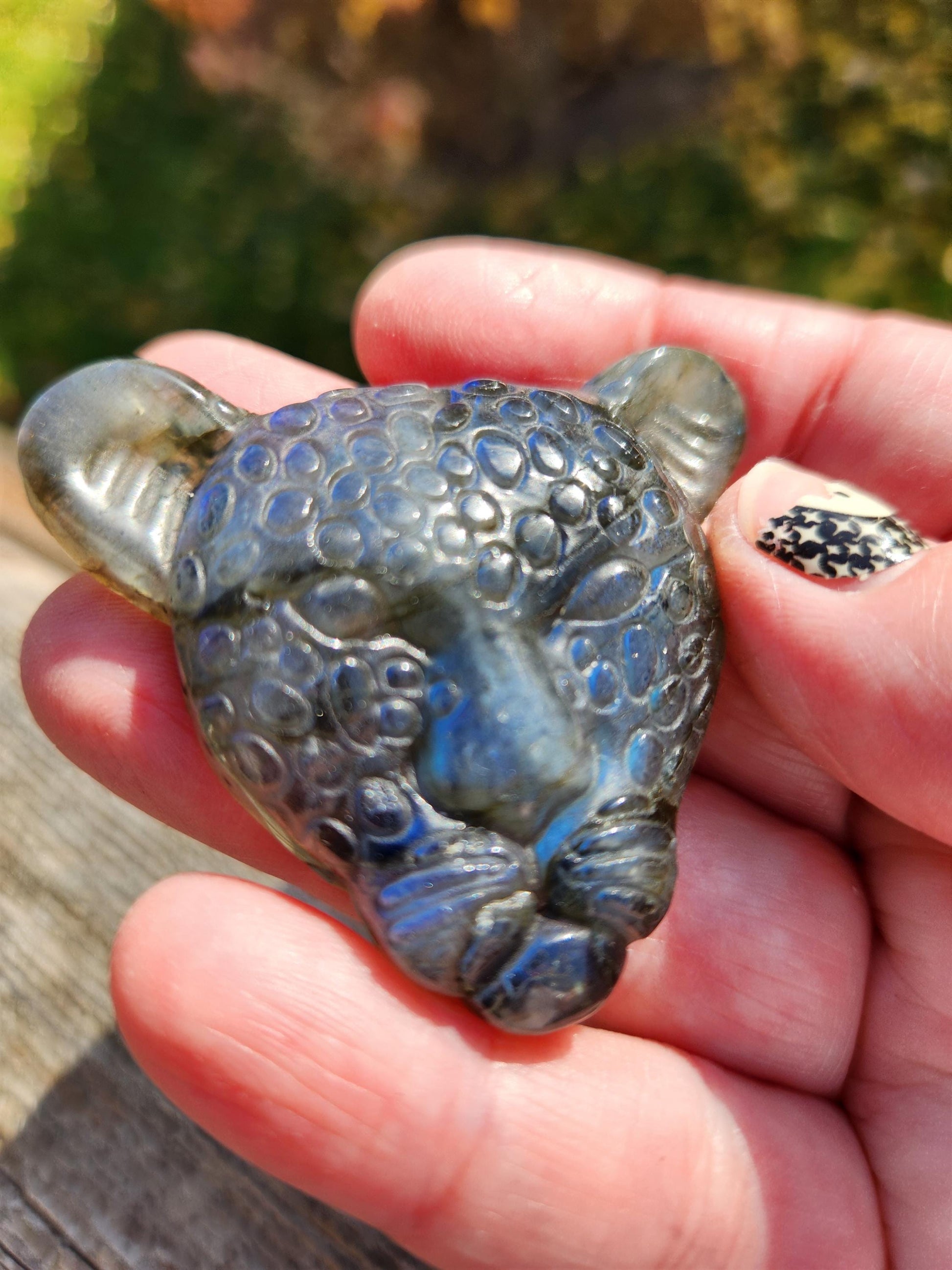 Very Unique Labradorite Leopard Head Carved Crystal with blue flash, Palm Sized