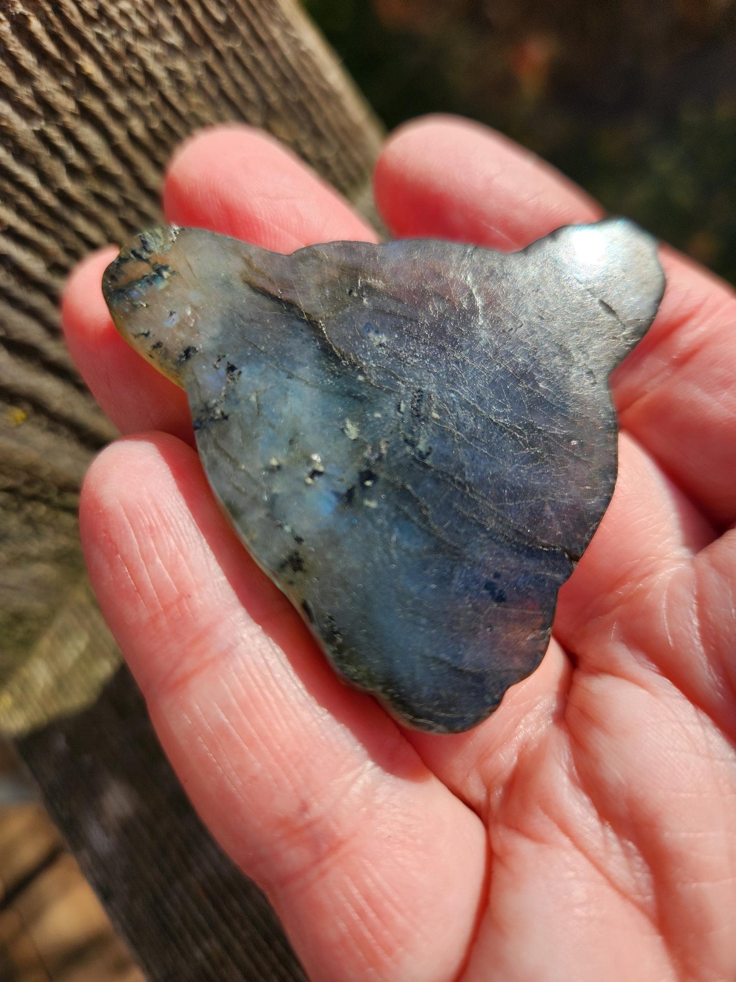 Very Unique Labradorite Leopard Head Carved Crystal with blue flash, Palm Sized