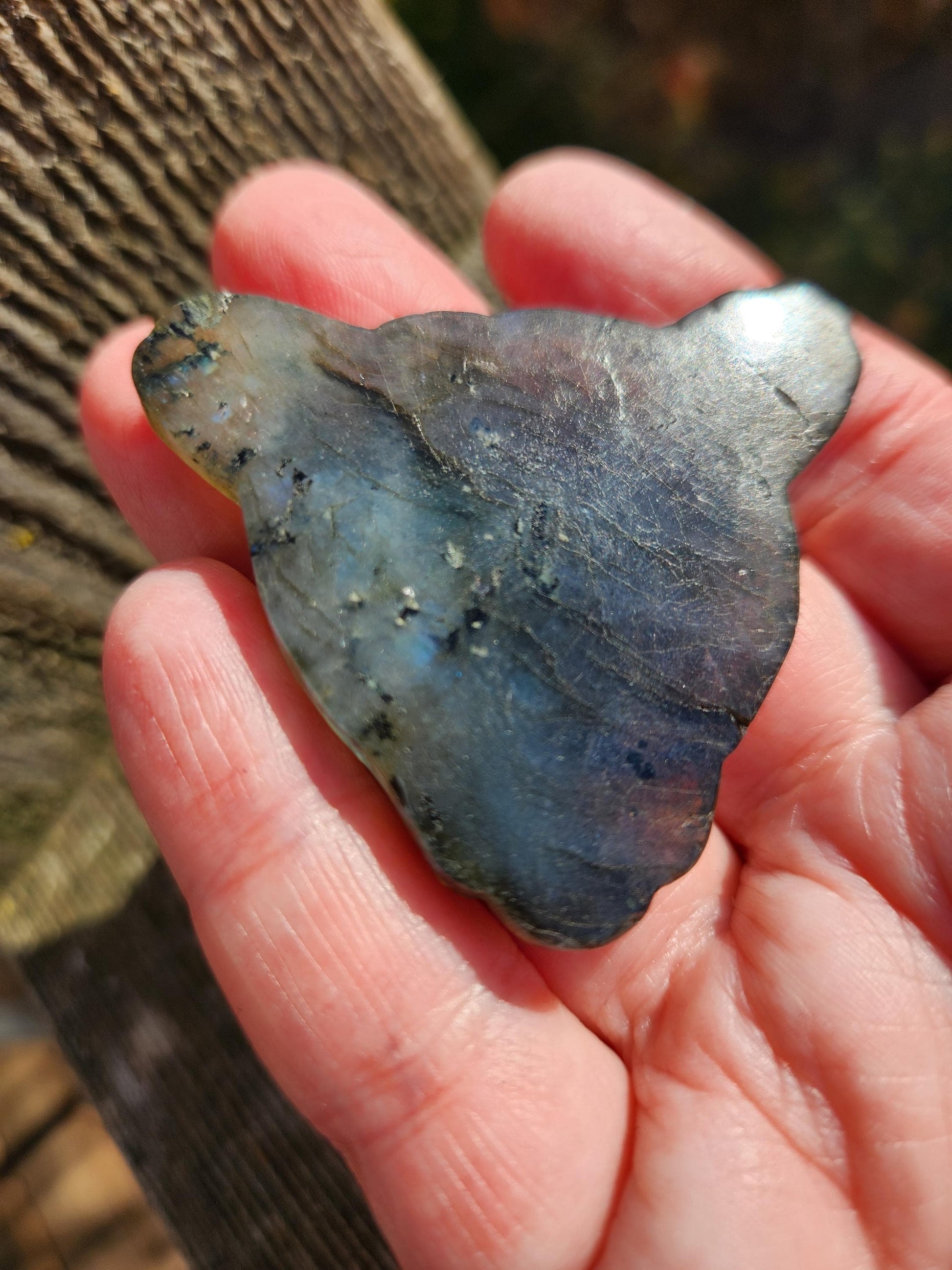 Very Unique Labradorite Leopard Head Carved Crystal with blue flash, Palm Sized