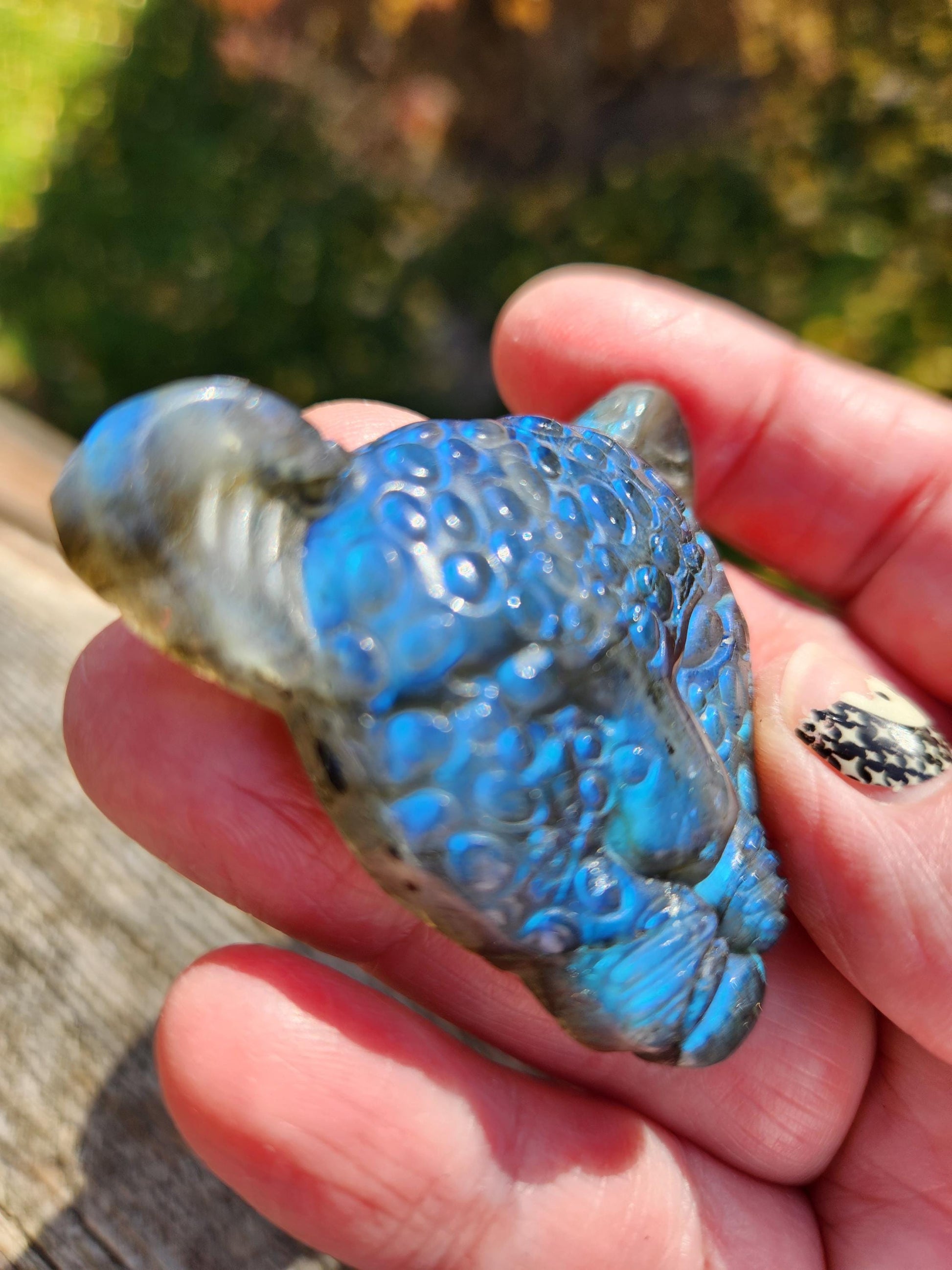 Very Unique Labradorite Leopard Head Carved Crystal with blue flash, Palm Sized