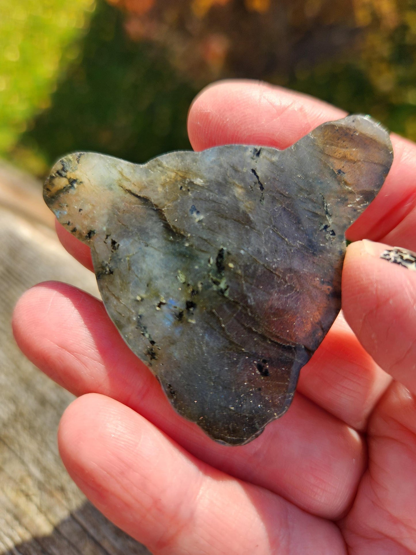 Very Unique Labradorite Leopard Head Carved Crystal with blue flash, Palm Sized