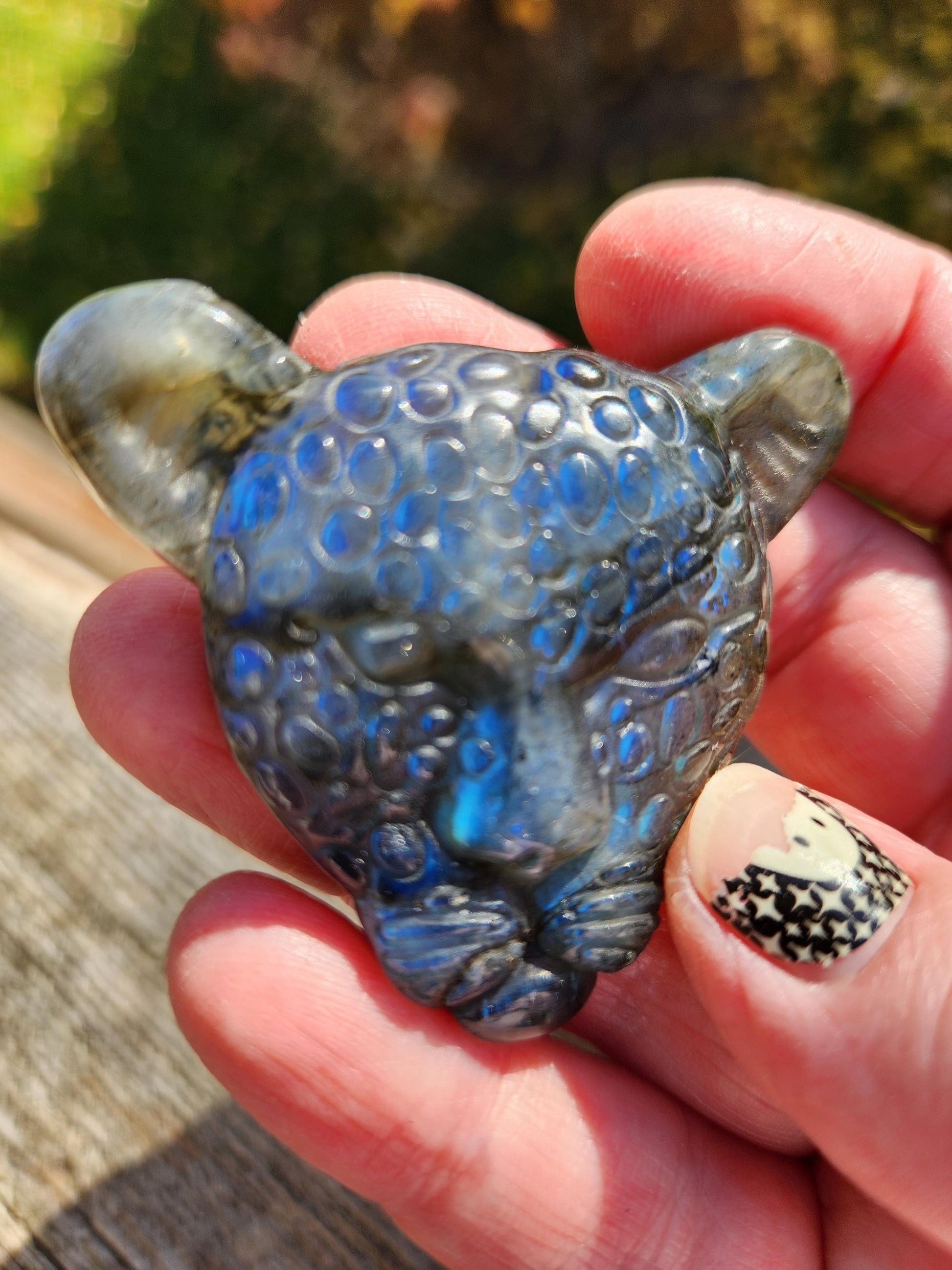 Very Unique Labradorite Leopard Head Carved Crystal with blue flash, Palm Sized