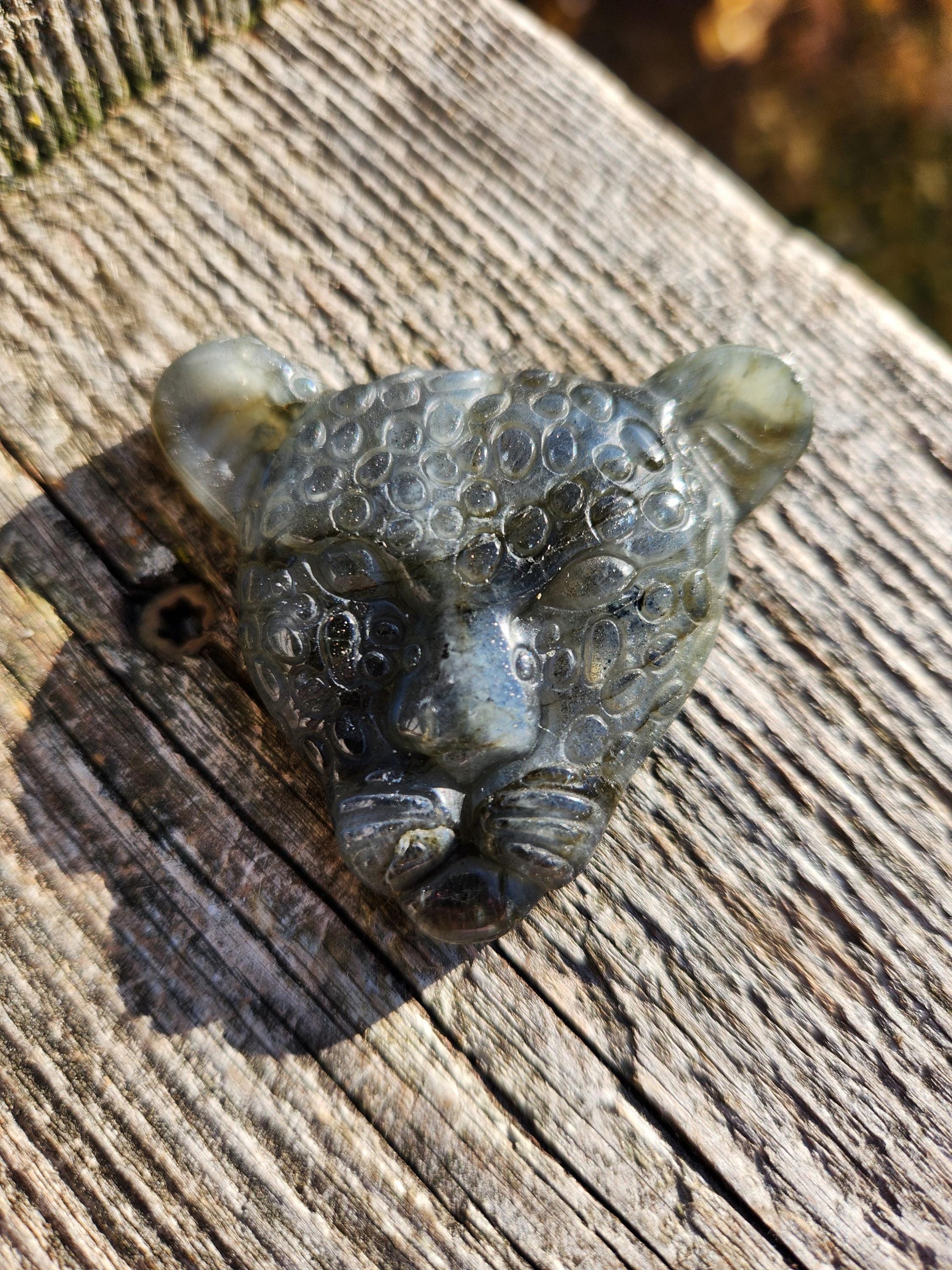Very Unique Labradorite Leopard Head Carved Crystal with blue flash, Palm Sized