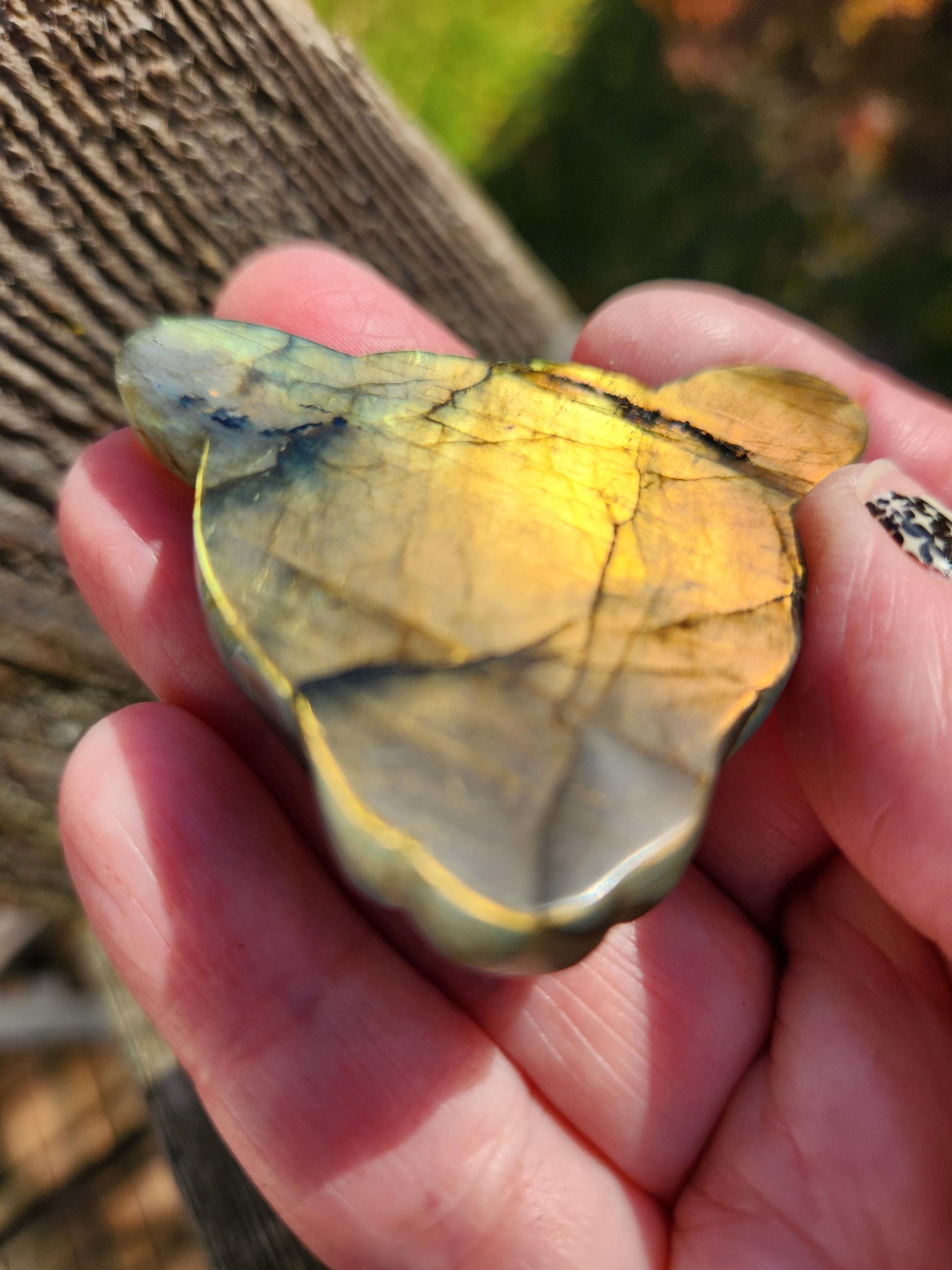 Very Unique Labradorite Leopard Head Carved Crystal with flash, Palm Sized