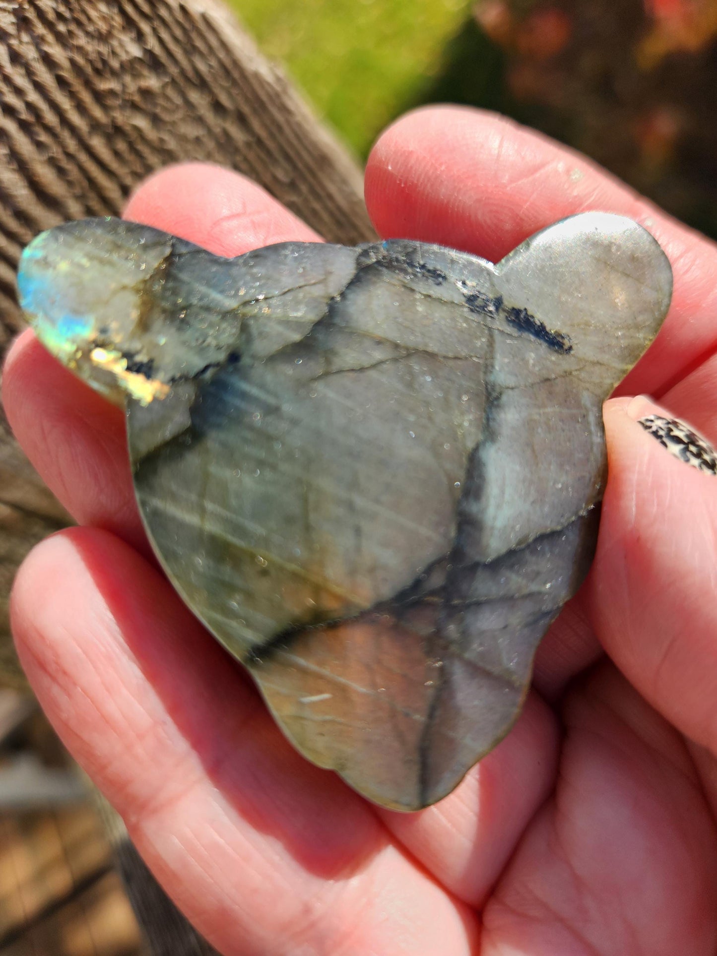 Very Unique Labradorite Leopard Head Carved Crystal with flash, Palm Sized