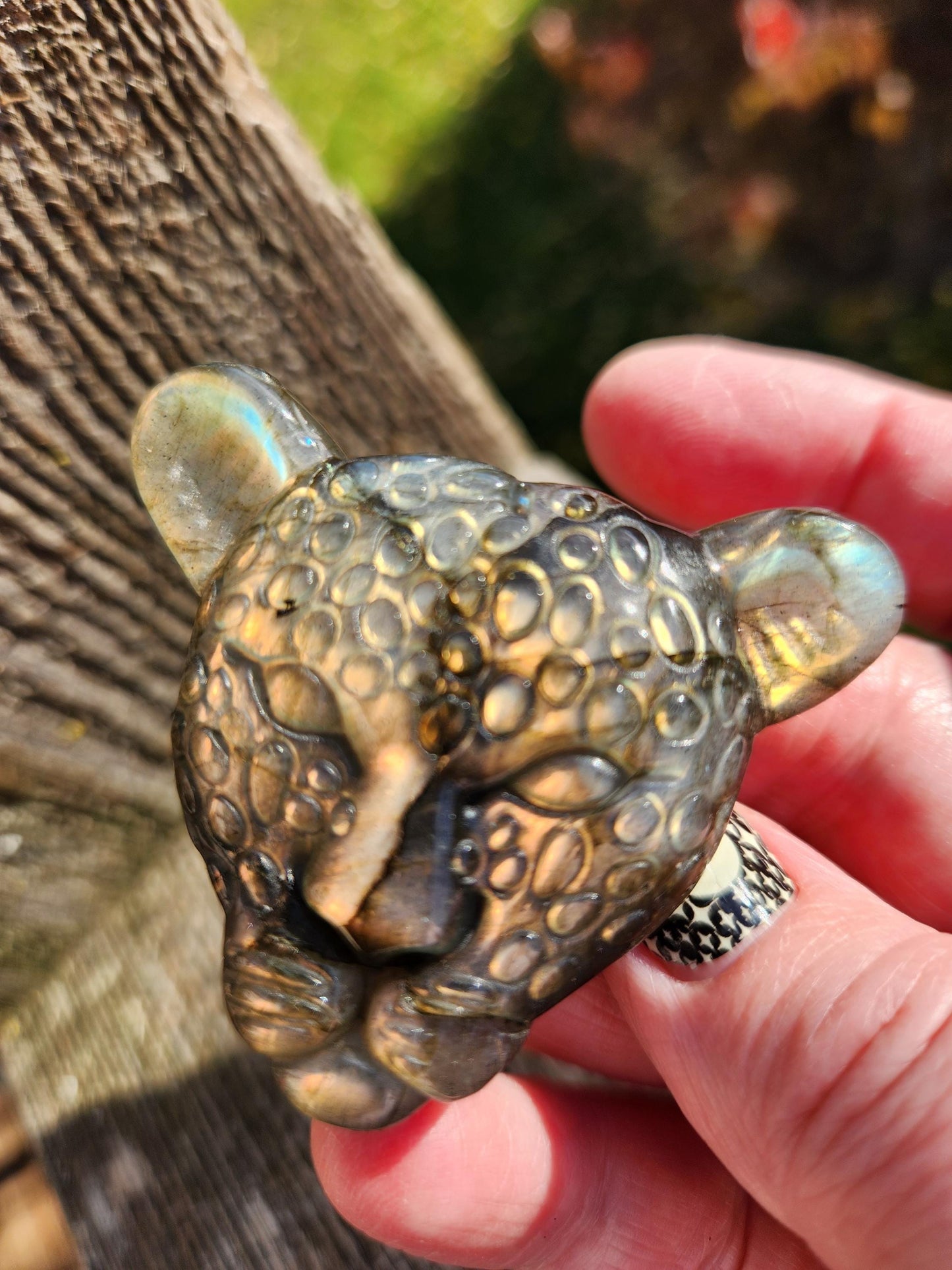 Very Unique Labradorite Leopard Head Carved Crystal with flash, Palm Sized