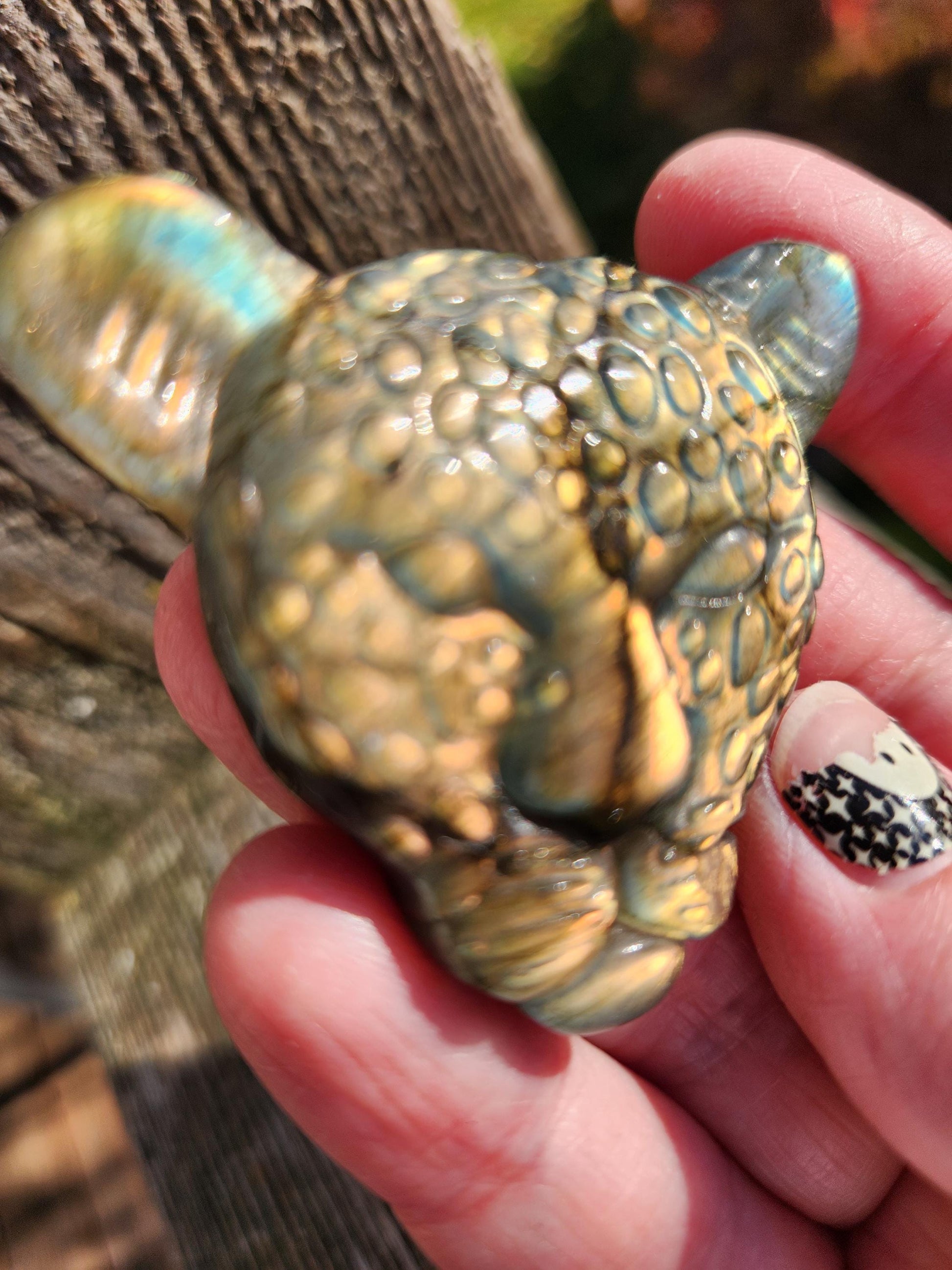 Very Unique Labradorite Leopard Head Carved Crystal with flash, Palm Sized