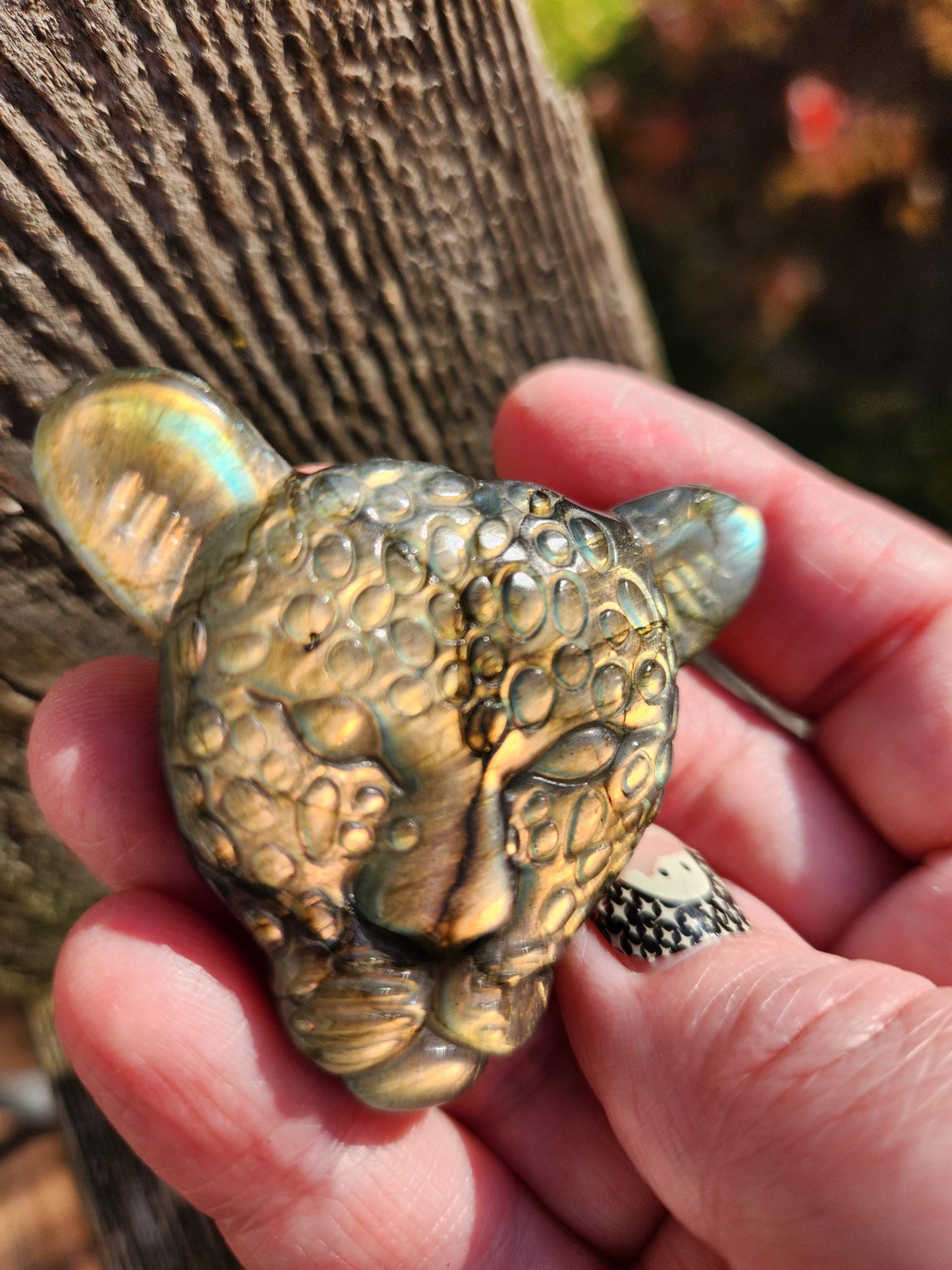 Very Unique Labradorite Leopard Head Carved Crystal with flash, Palm Sized