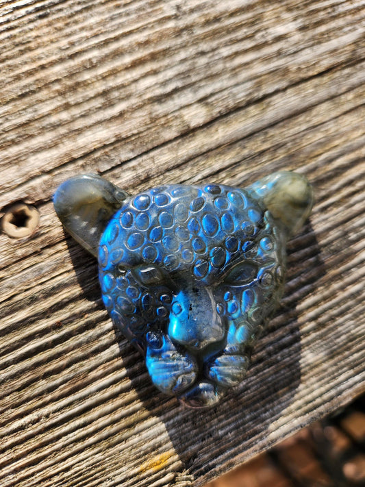 Very Unique Labradorite Leopard Head Carved Crystal with blue flash, Palm Sized