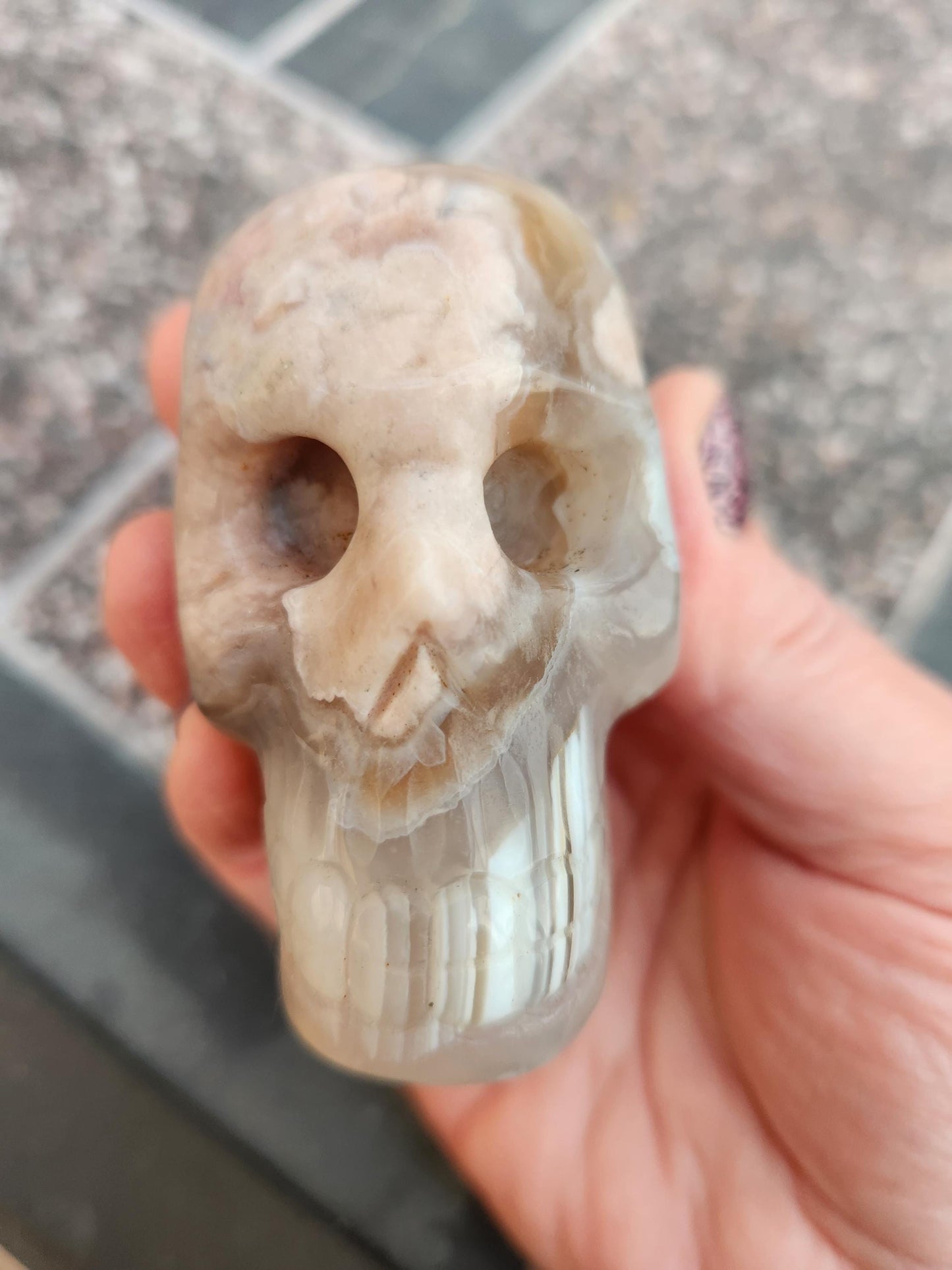 Flower Agate Crystal Skull: Long Face Carving, Baraka, 2.4"