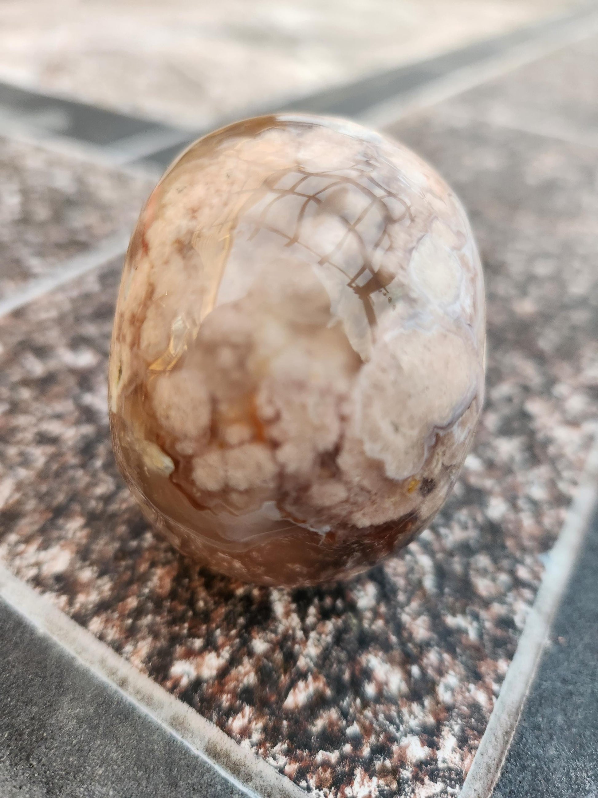 Flower Agate Crystal Skull: Long Face Carving, Baraka, 2.4"