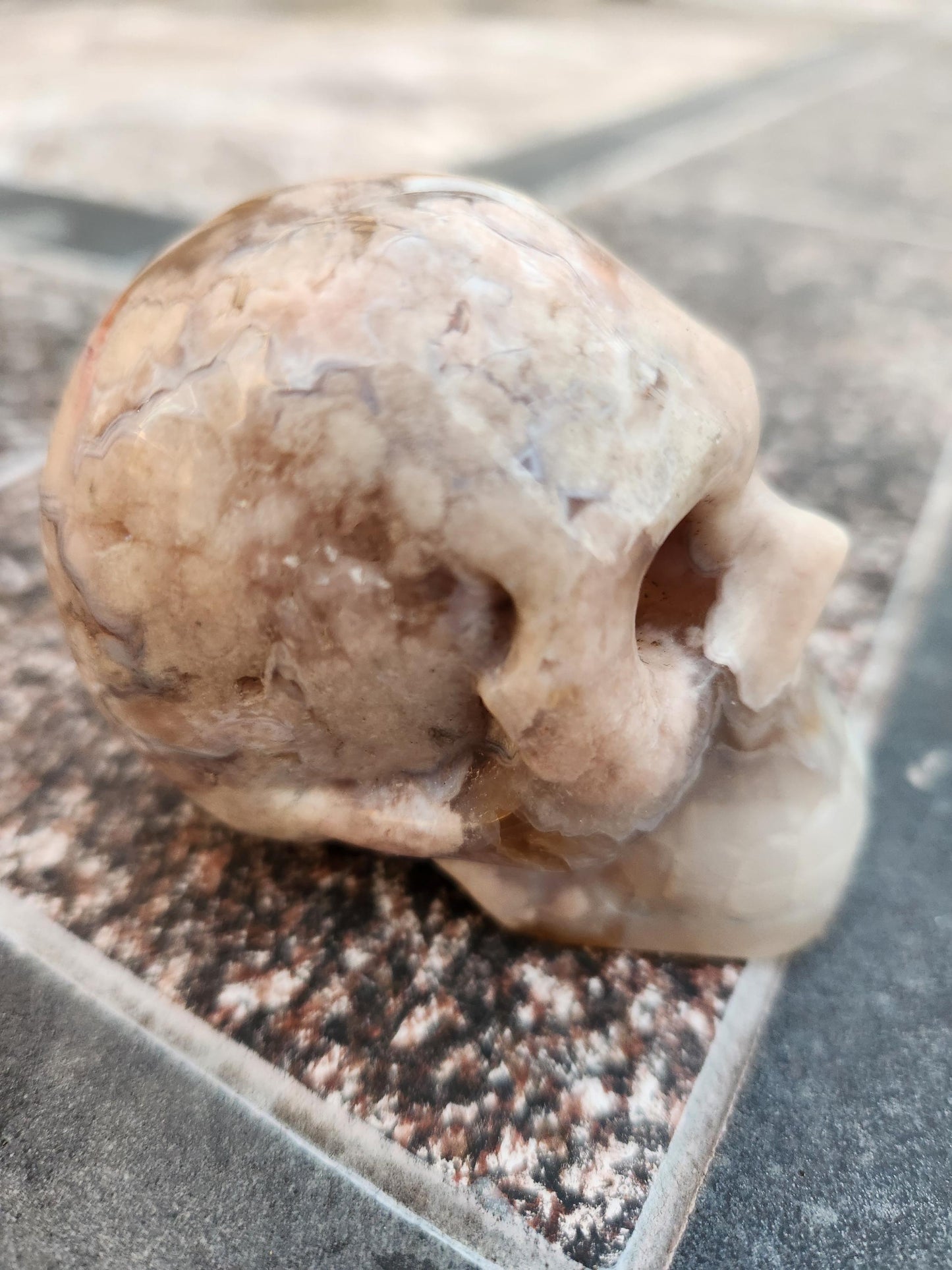 Flower Agate Crystal Skull: Long Face Carving, Baraka, 2.4"