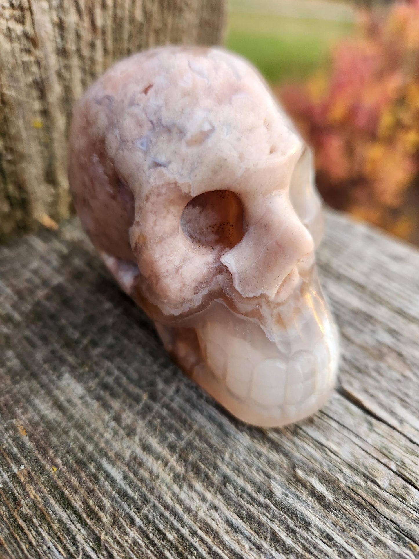Flower Agate Crystal Skull: Long Face Carving, Baraka, 2.4"