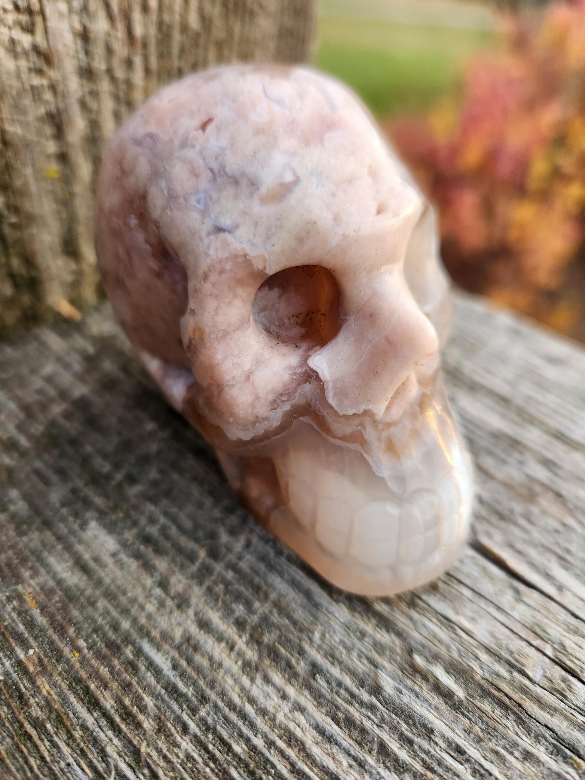Flower Agate Crystal Skull: Long Face Carving, Baraka, 2.4"