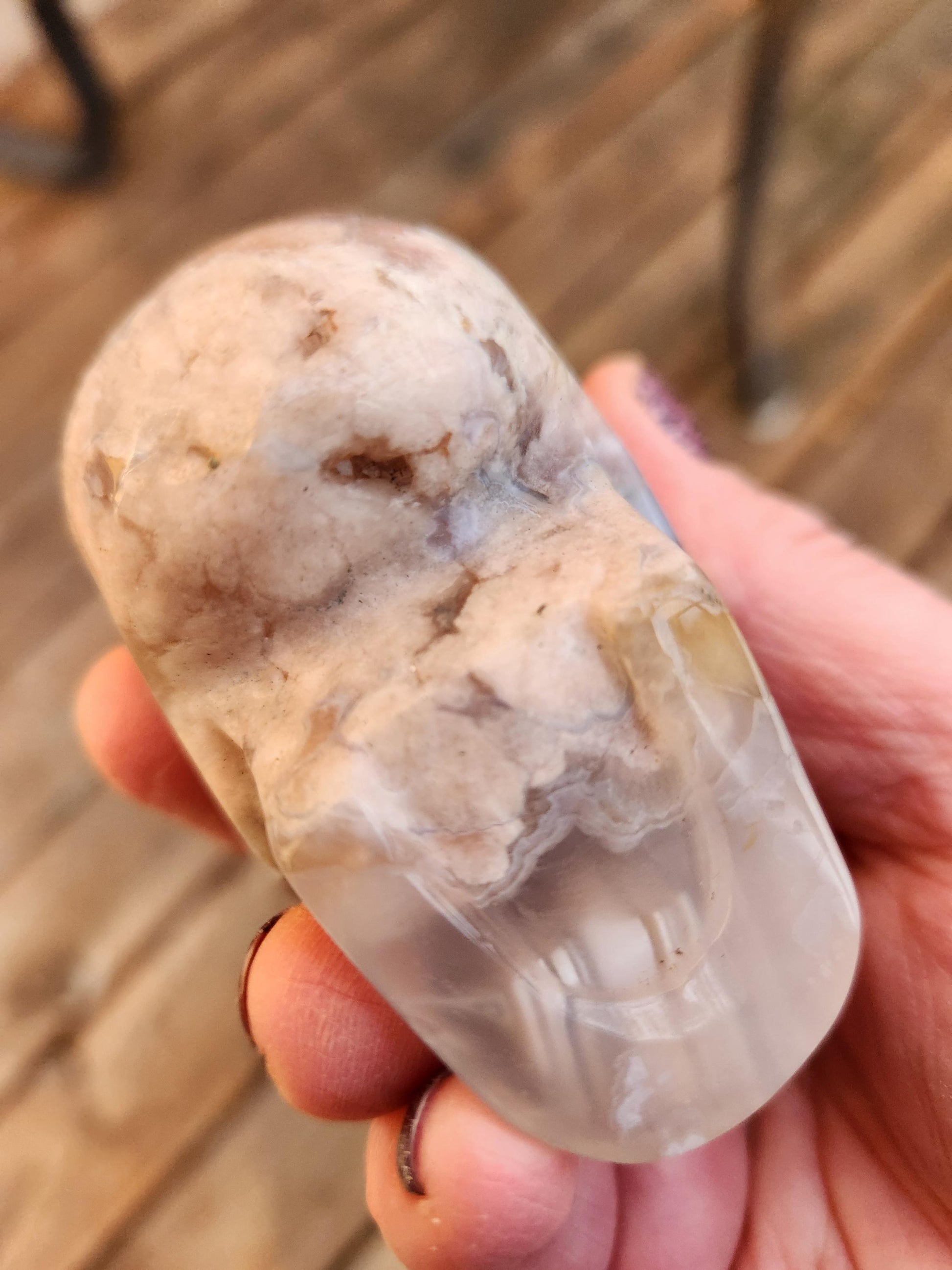 Flower Agate Crystal Skull: Long Face Carving, Baraka, 2.4"