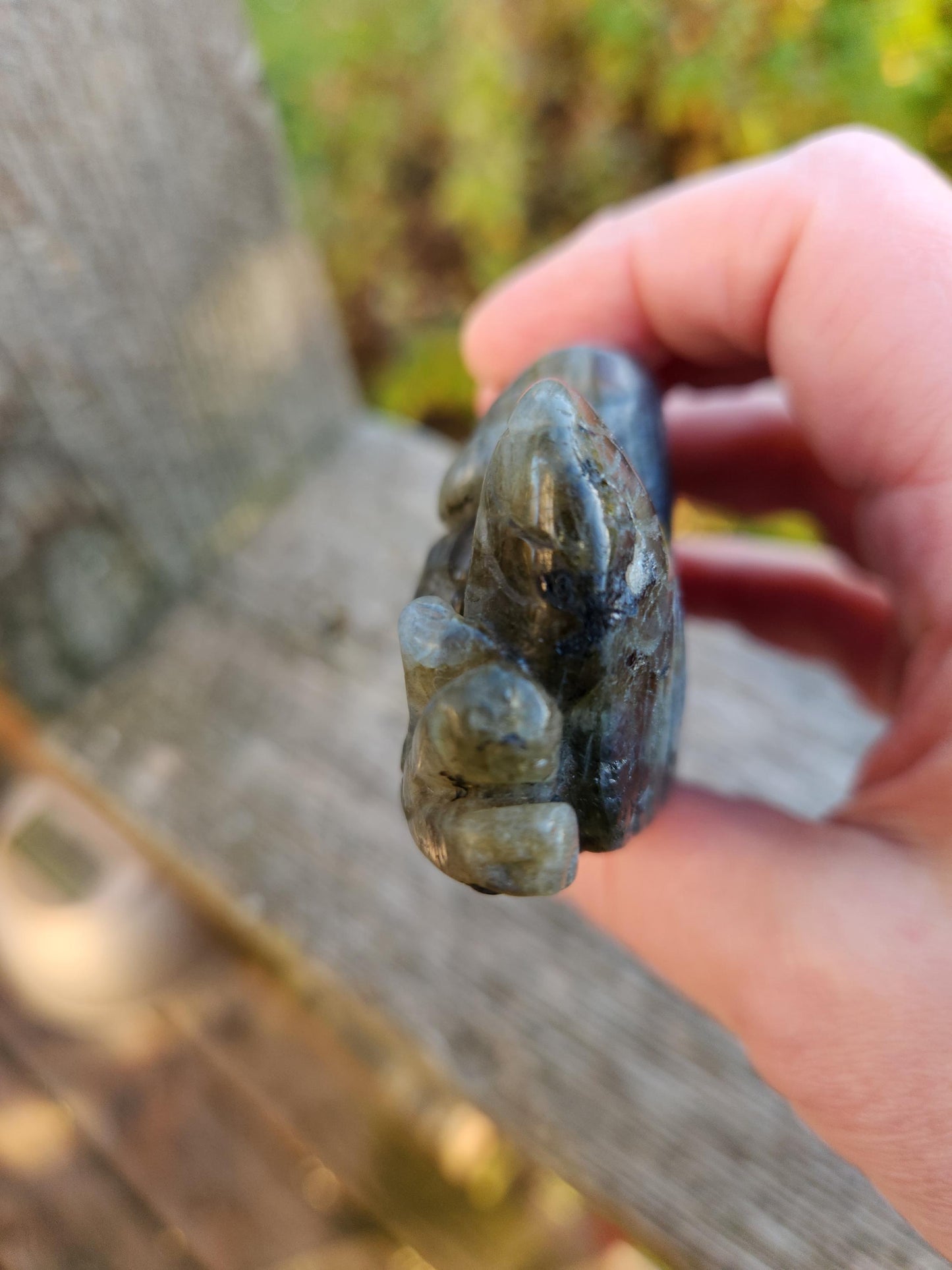 Carved Labradorite Crystal Carving of Two Owls, Flash
