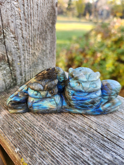 Carved Labradorite Crystal Carving of Two Owls, Flash