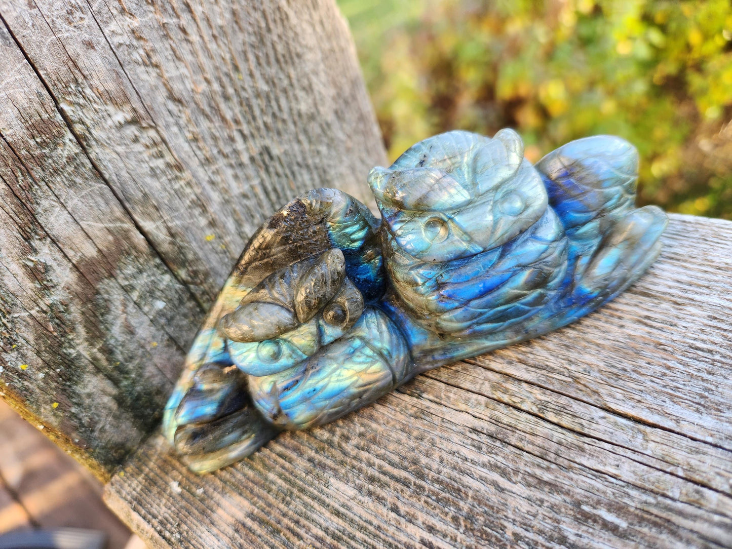 Carved Labradorite Crystal Carving of Two Owls, Flash