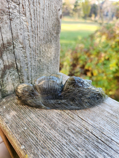 Carved Labradorite Crystal Carving of Two Owls, Flash