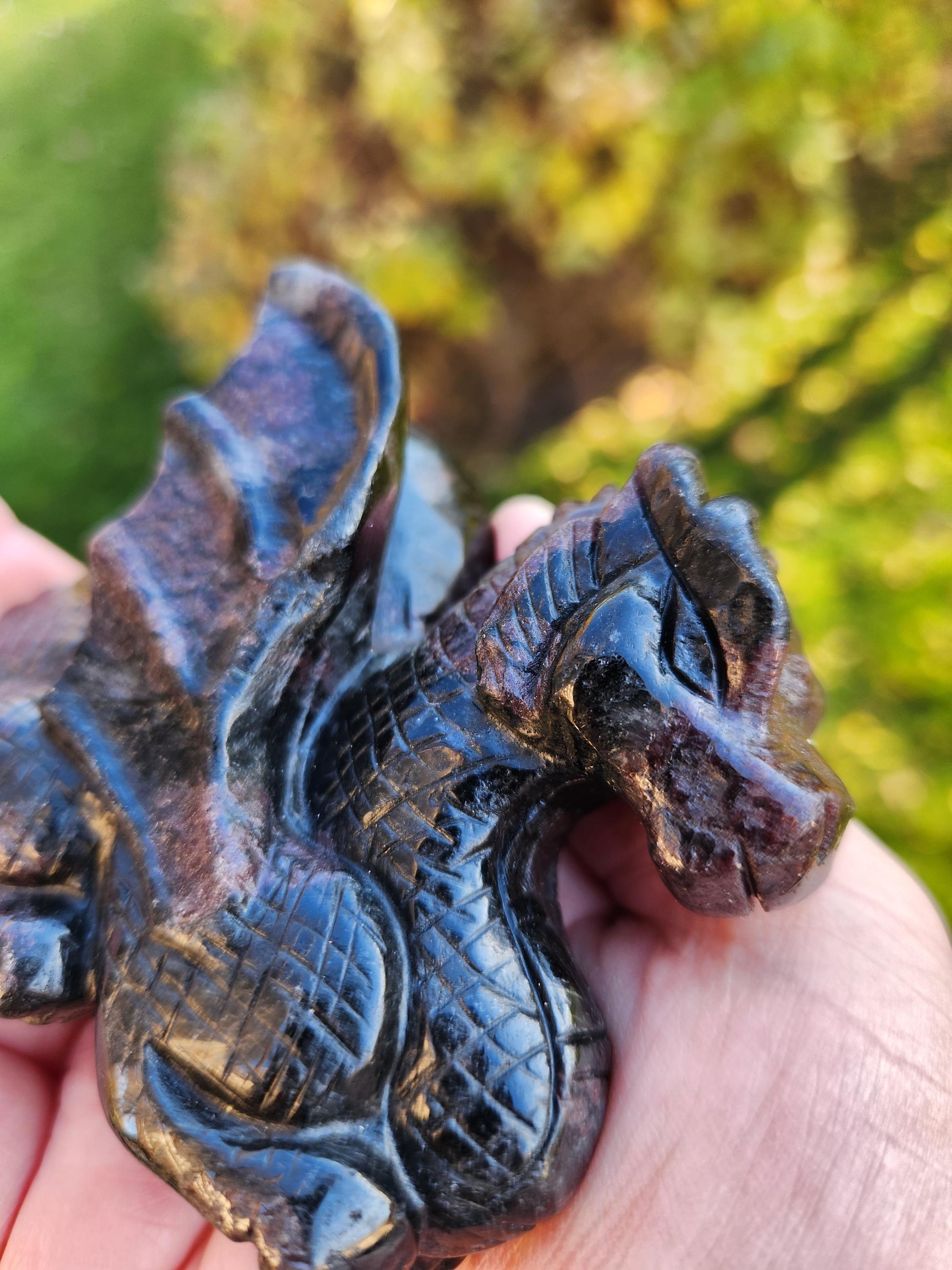 Garnet with Fireworks Crystal Dragon Carving - DnD, Decor, Arfvedsonite