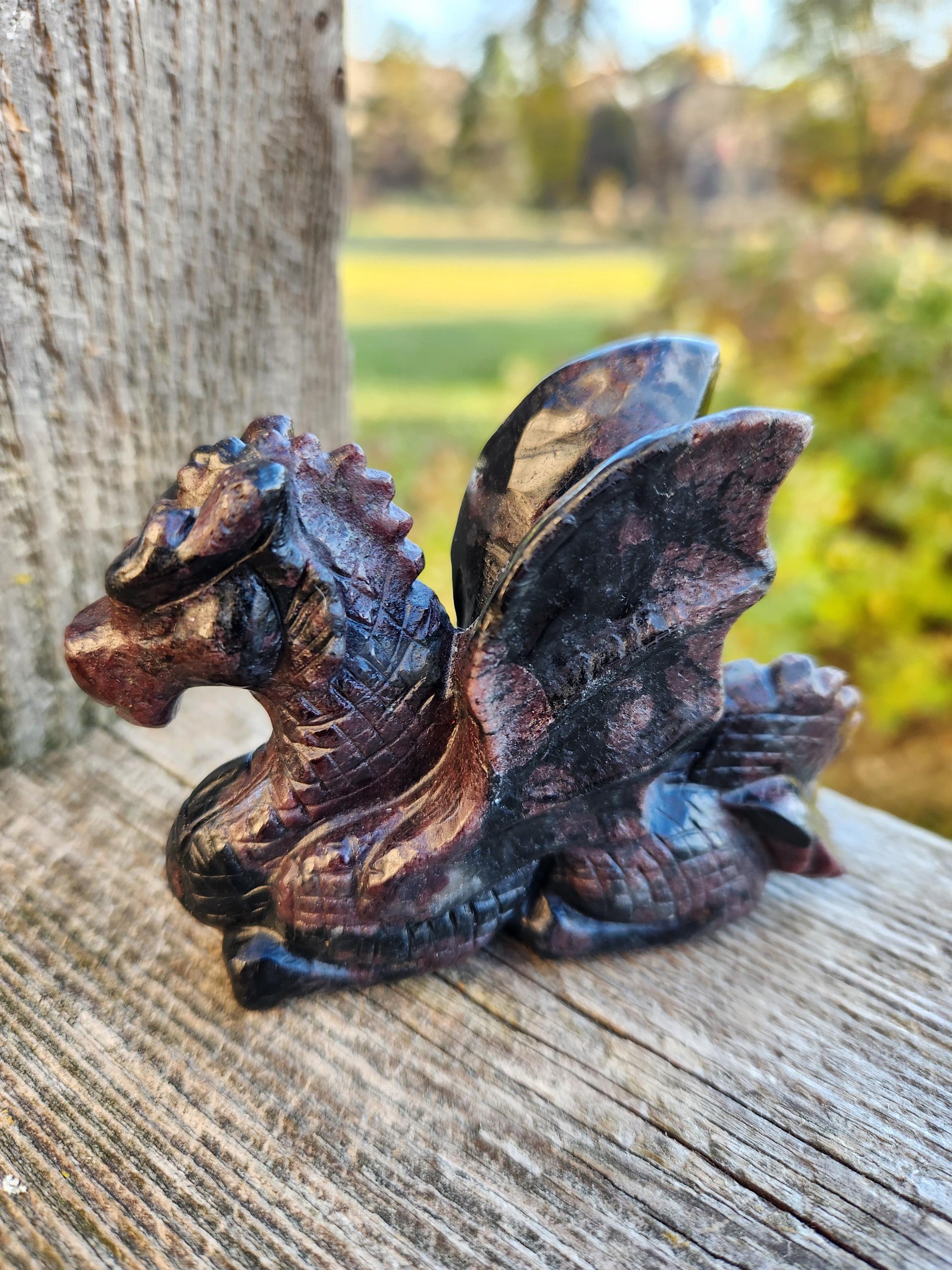 Garnet with Fireworks Crystal Dragon Carving - DnD, Decor, Arfvedsonite