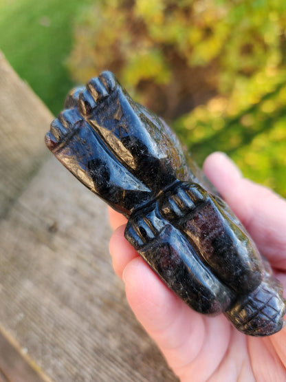Garnet with Fireworks Crystal Dragon Carving - DnD, Decor, Arfvedsonite