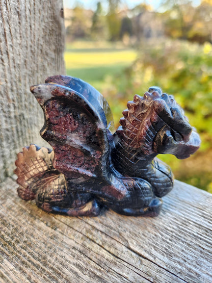 Garnet with Fireworks Crystal Dragon Carving - DnD, Decor, Arfvedsonite
