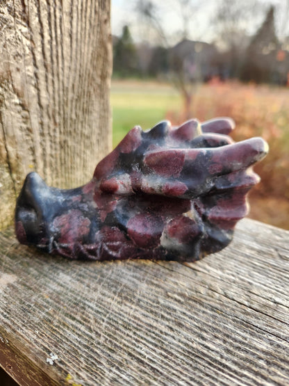 Garnet with Fireworks or Arfvedsonite Crystal Dragon Head Carving - DnD, Decor