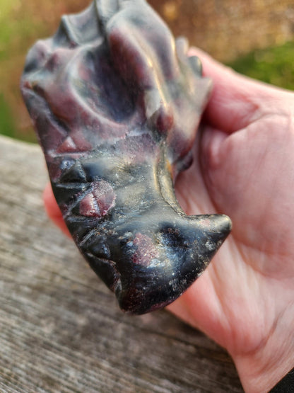 Garnet with Fireworks or Arfvedsonite Crystal Dragon Head Carving - DnD, Decor